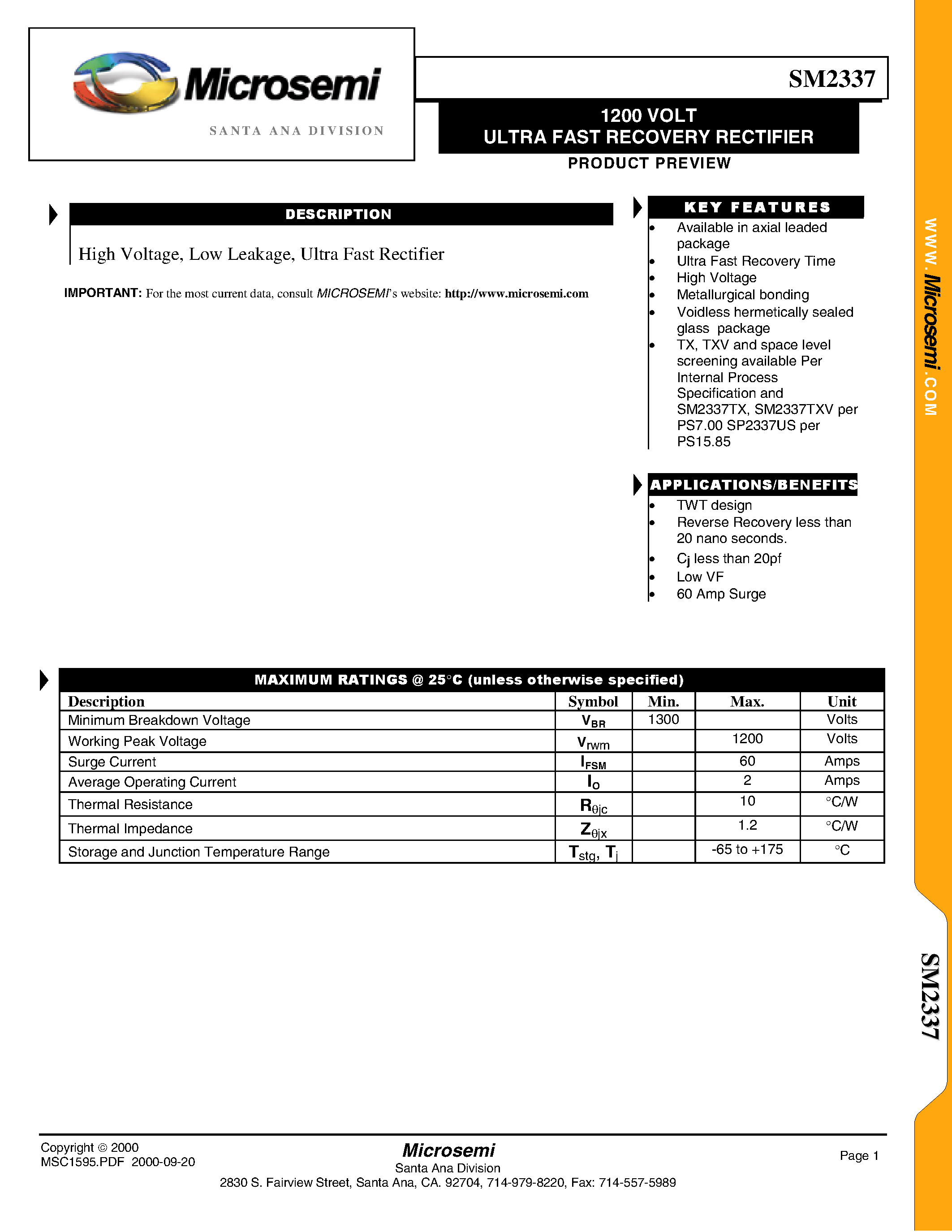Datasheet SM2337 - 1200 VOLT ULTRA FAST RECOVERY RECTIFIER page 1