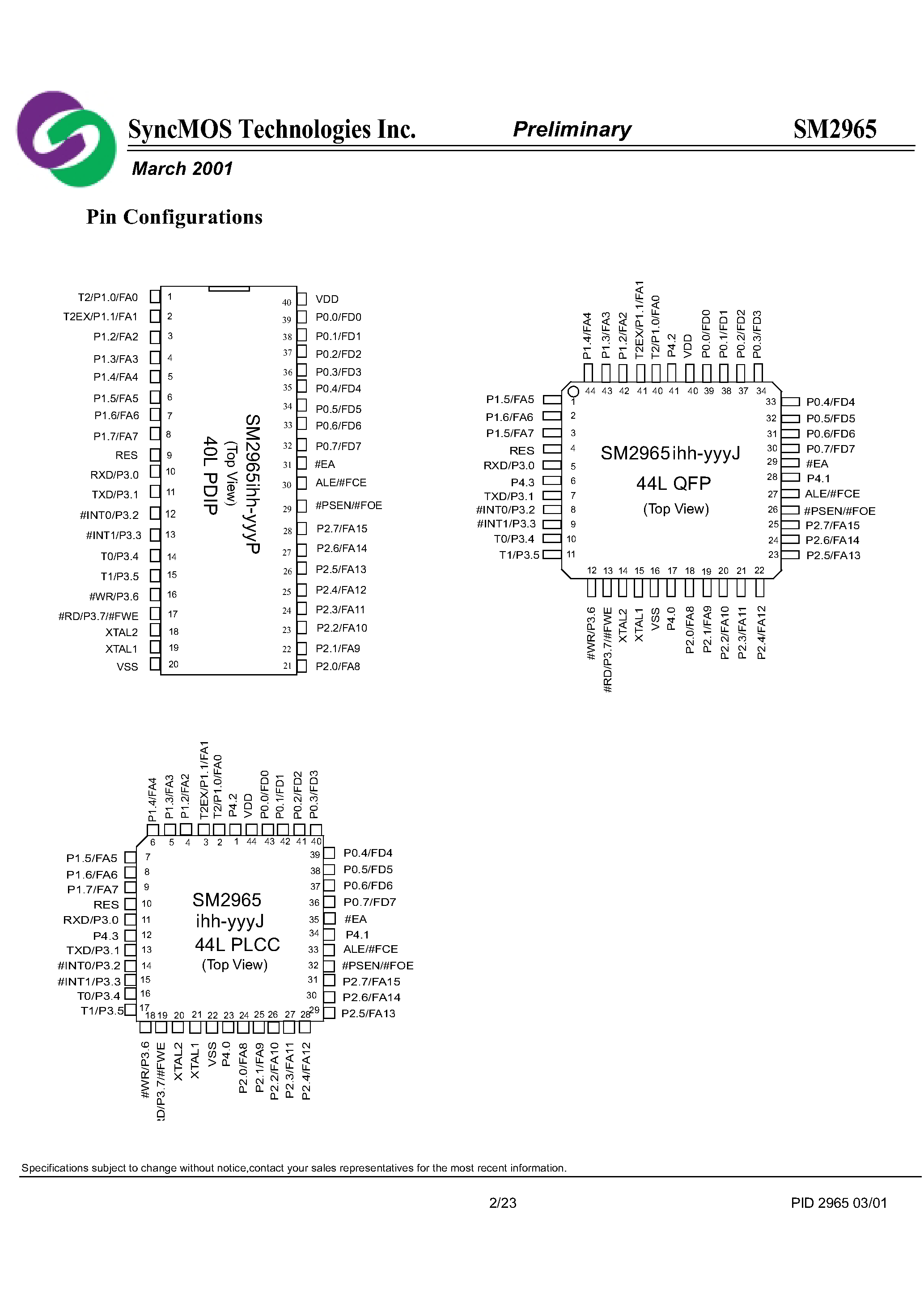 Datasheet SM2965IHH - 8 BIT SINGLE CHIP MICROCONTROLLER WITH 64KB FLASH & 1K BYTE RAM EMBEDED page 2