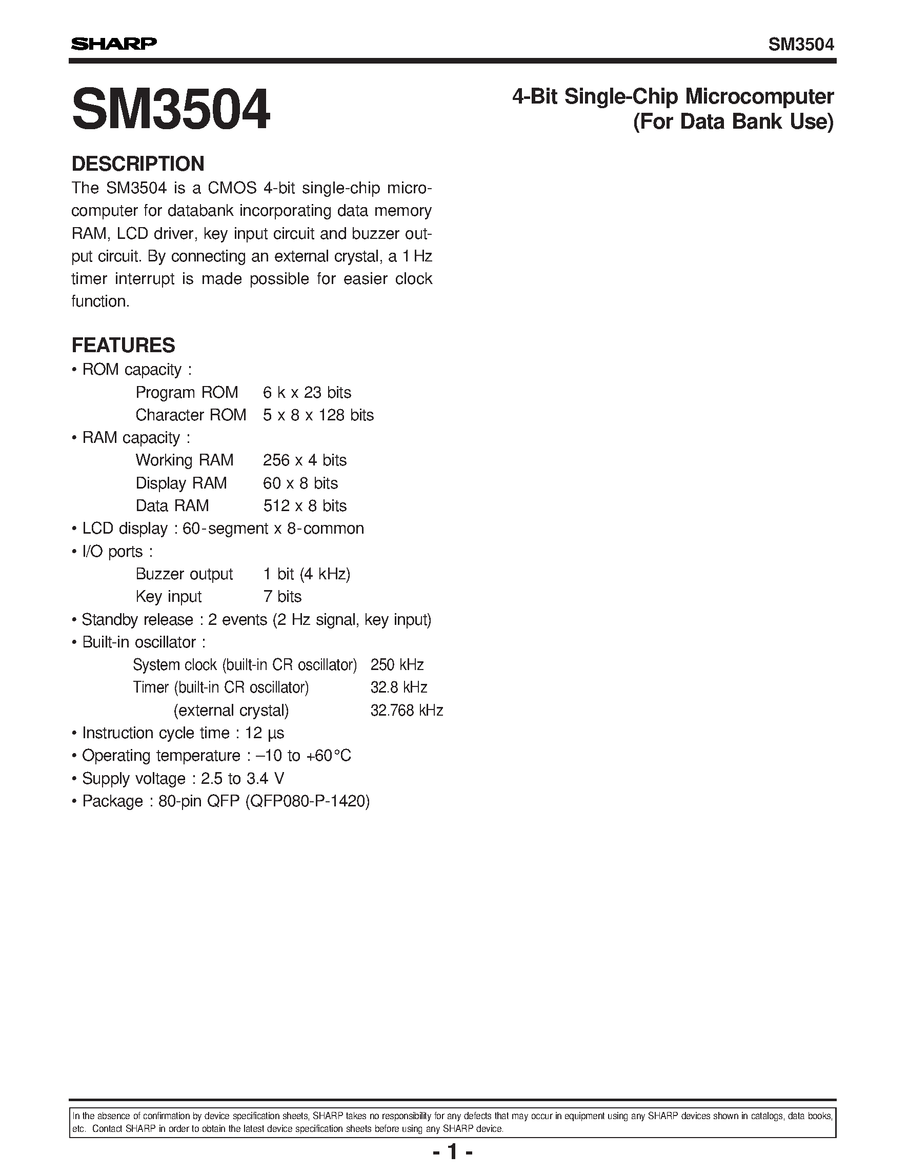 Datasheet SM3504 - 4-Bit Single-Chip Microcomputer(For Data Bank Use) page 1