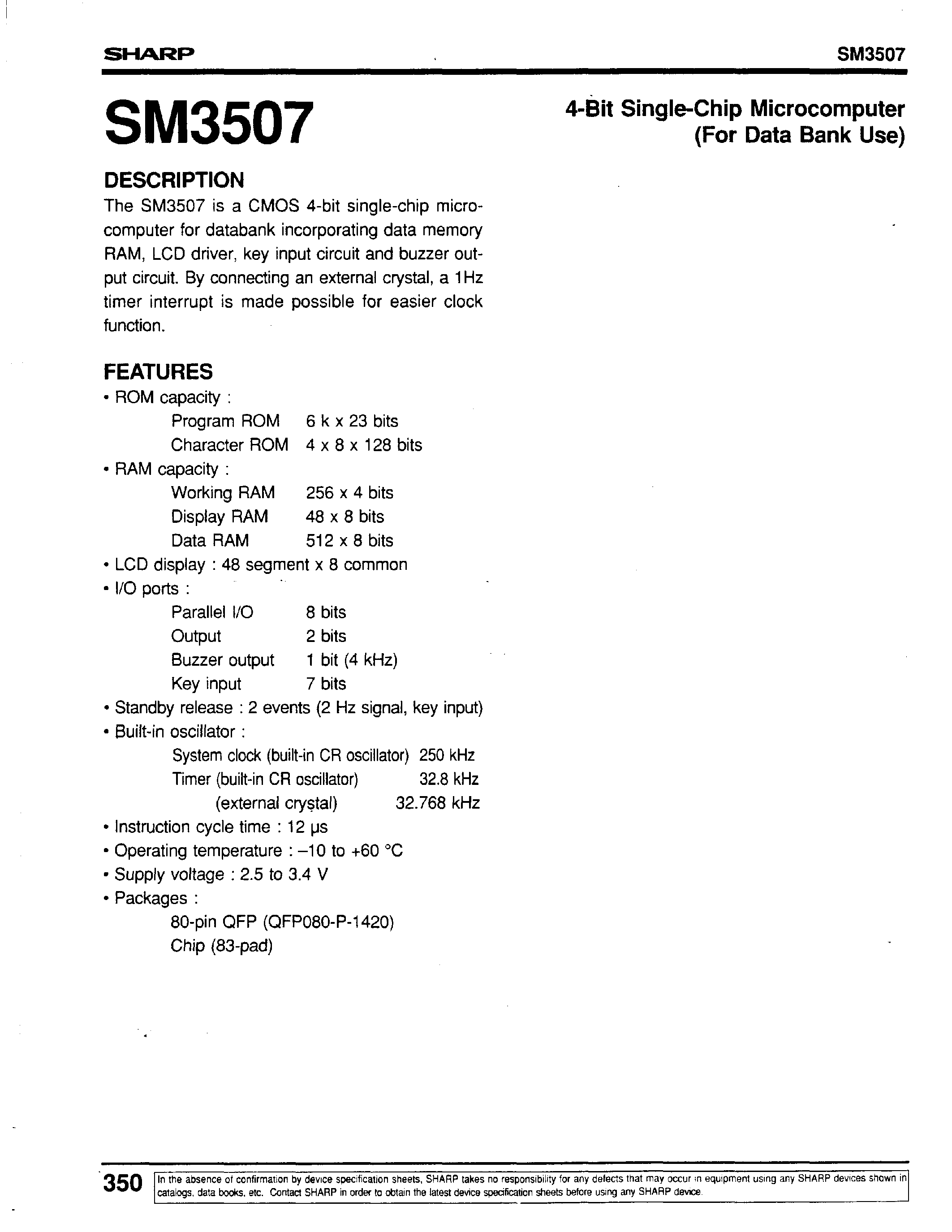 Datasheet SM3507 - 4-Bit Single-Chip Microcomputer(For Data Bank Use) page 1