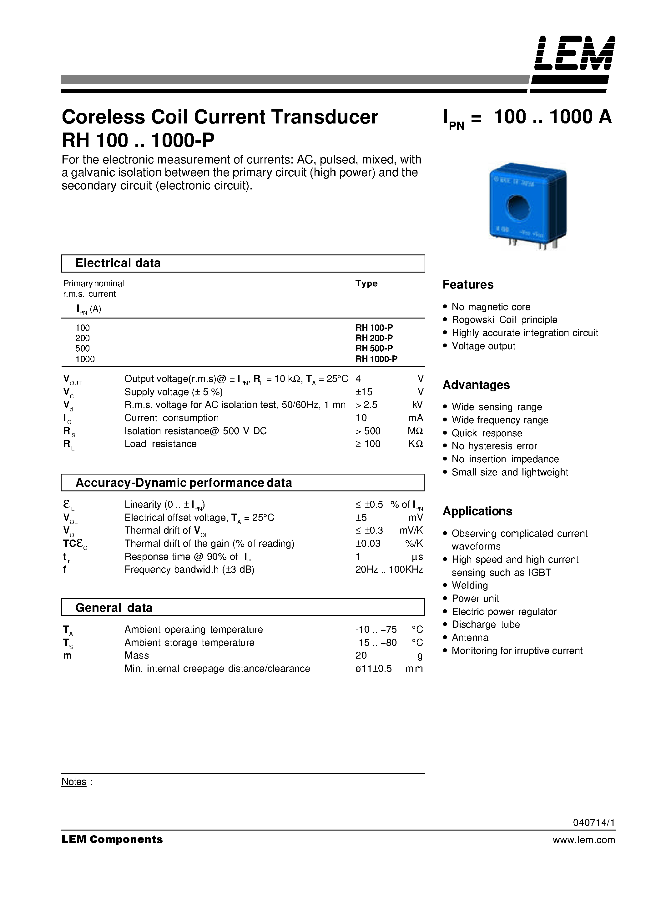 Datasheet RH100-P - Coreless Coil Current Transducer RH 100~1000-P page 1