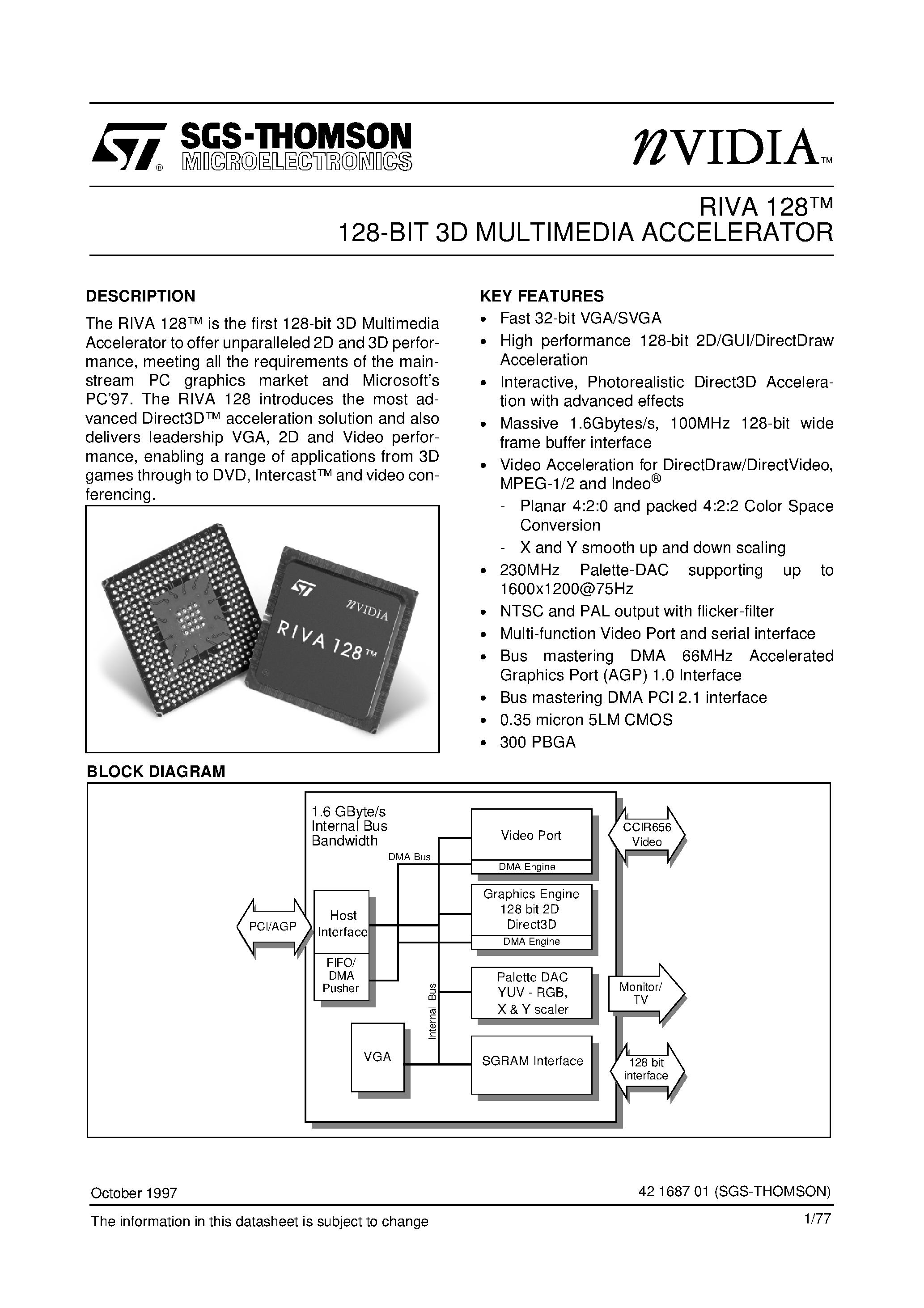 Даташит RIVA128 - RIVA 128 128-BIT 3D MULTIMEDIA ACCELERATOR страница 1
