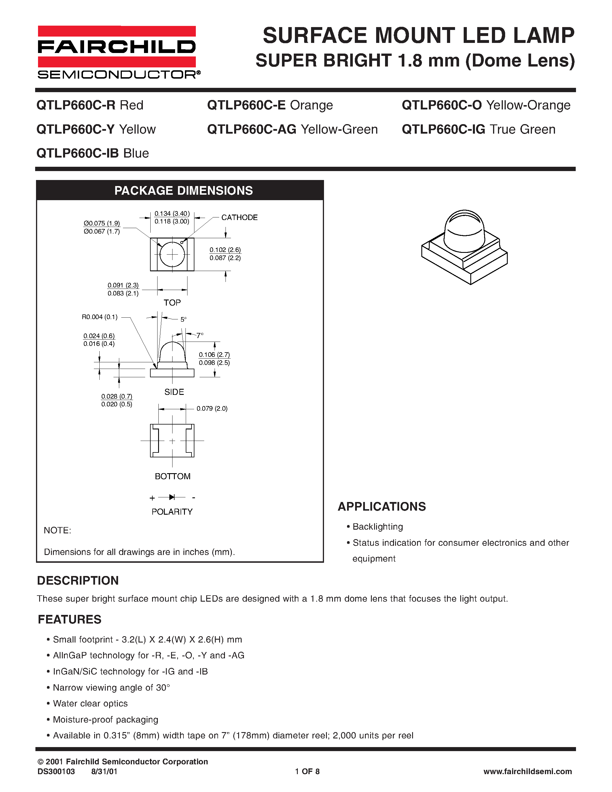 Datasheet QTLP660C-O - SURFACE MOUNT LED LAMP SUPER BRIGHT 1.8 mm (Dome Lens) page 1
