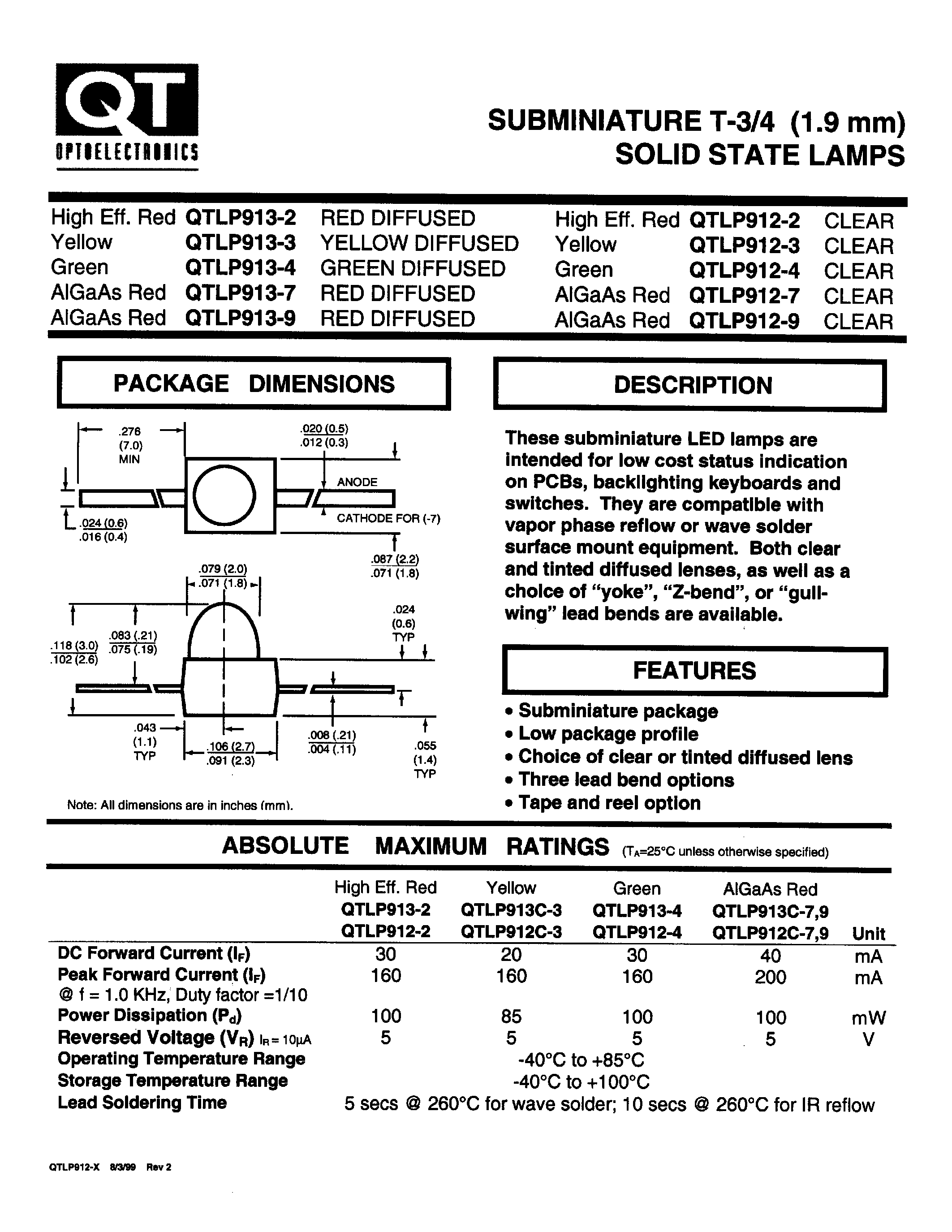 Даташит QTLP912-4 - SUBMINIATURE T-3/4 (1.9 mm) SOLID STATE LAMPS страница 1