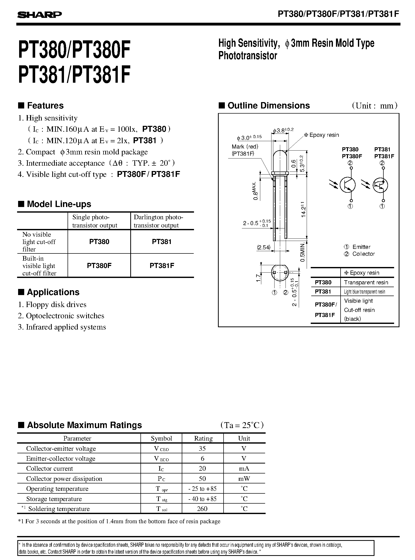Даташит PT380 - High Sensitivity/ f 3mm Resin Mold Type Phototransistor страница 1