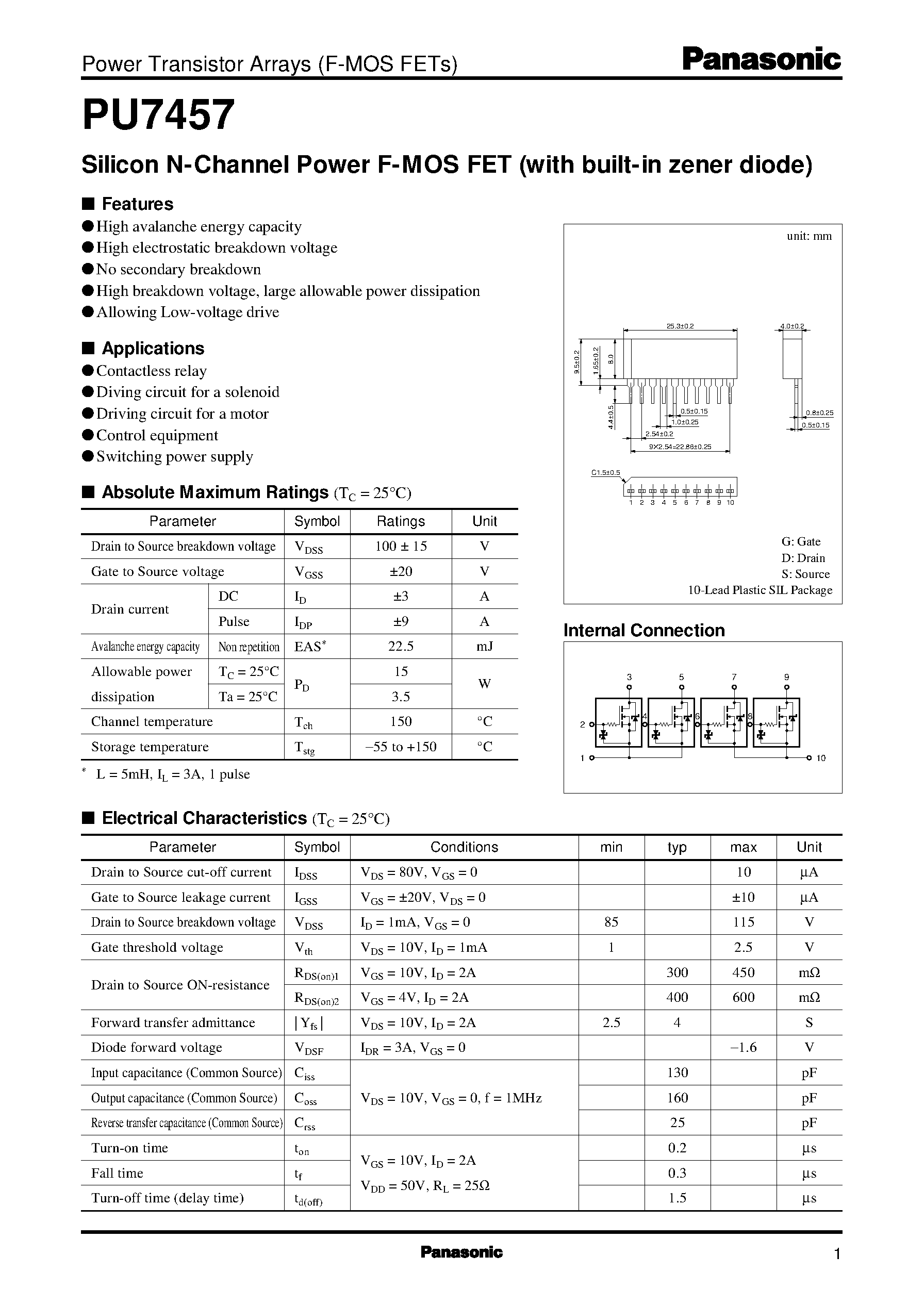 Datasheet PU7457 - Silicon N-Channel Power F-MOS FET (with built-in zener diode) page 1
