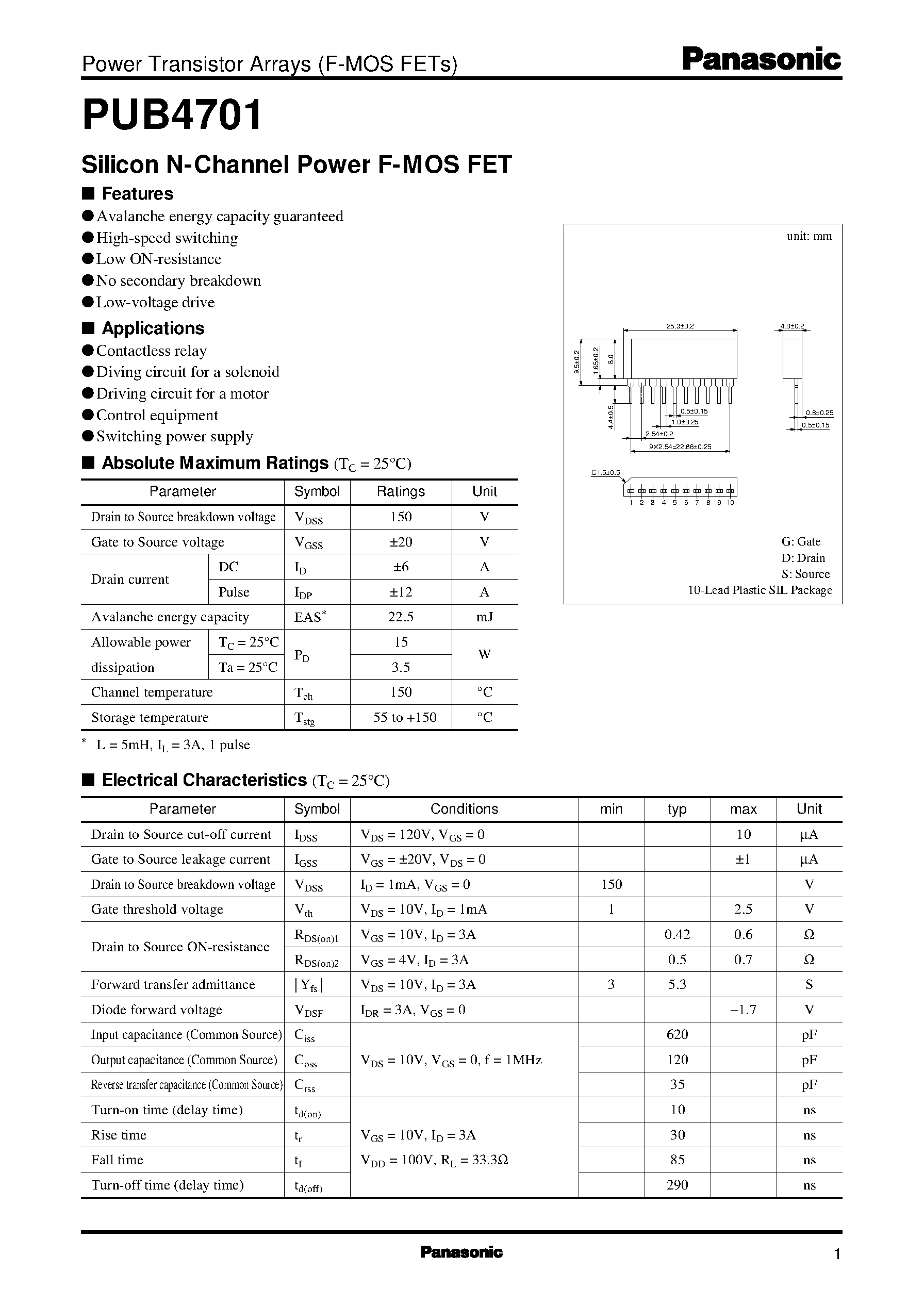 Datasheet PUB4701 - Silicon N-Channel Power F-MOS FET page 1