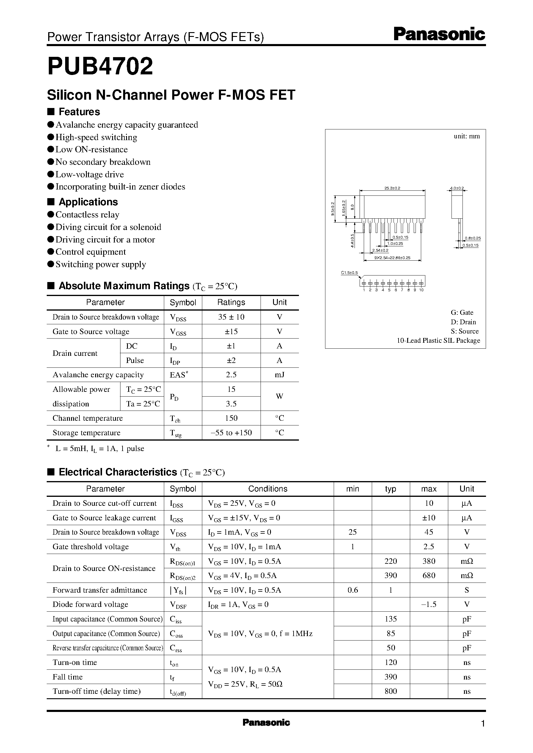 Datasheet PUB4702 - Silicon N-Channel Power F-MOS FET page 1