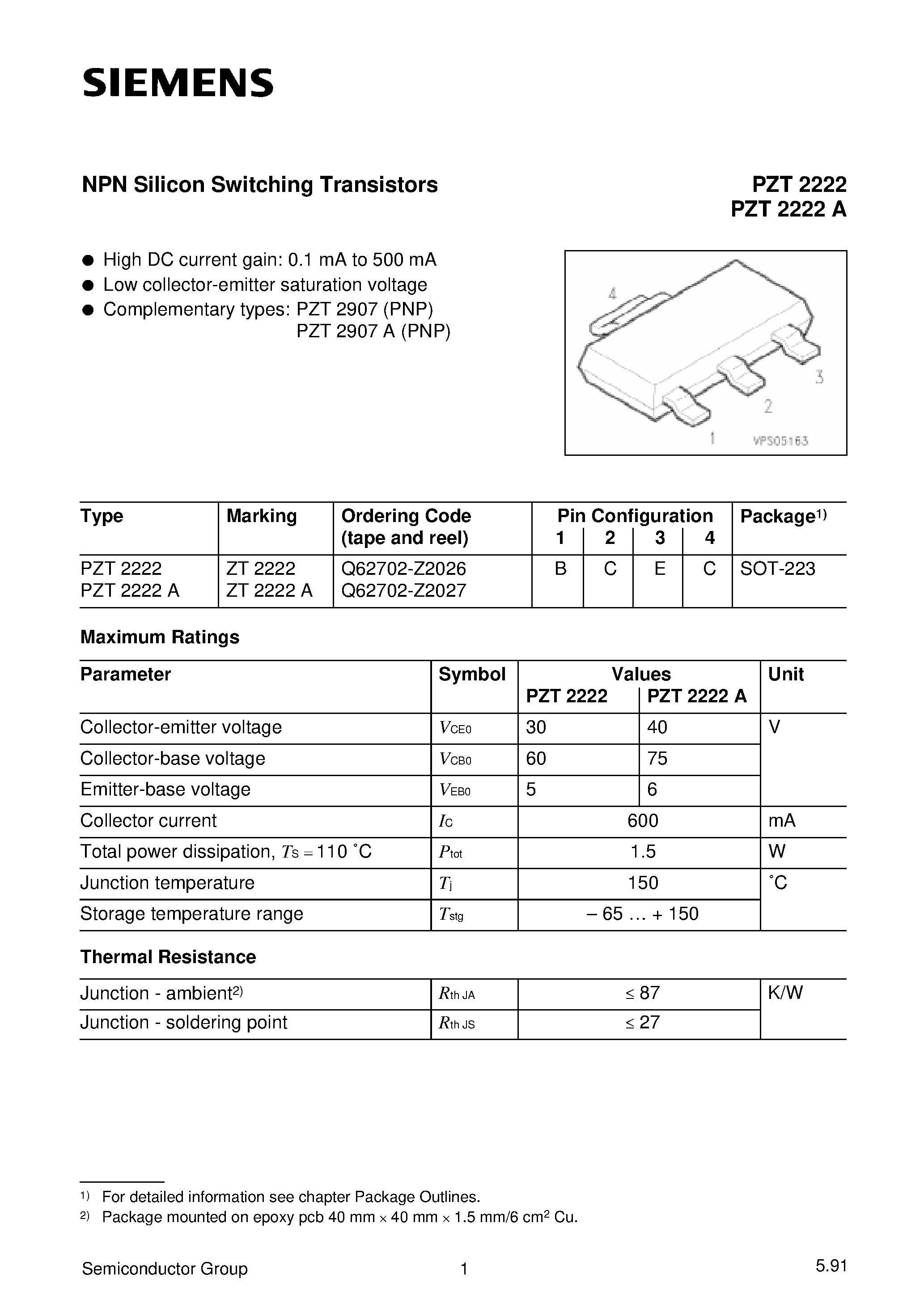 Datasheet PZT2222 - NPN Silicon Switching Transistors page 1