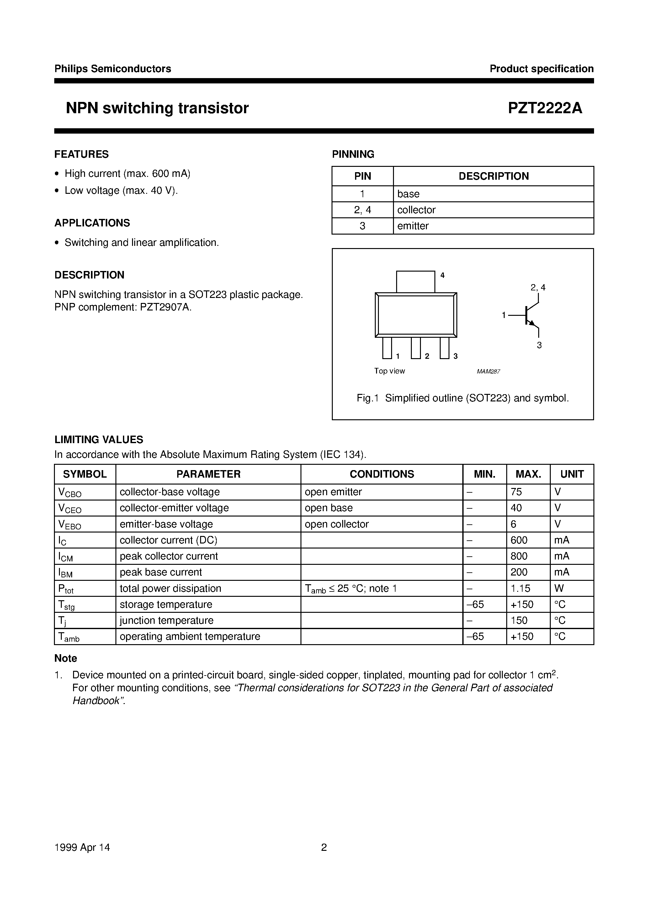 Даташит PZT2222A - NPN switching transistor страница 2