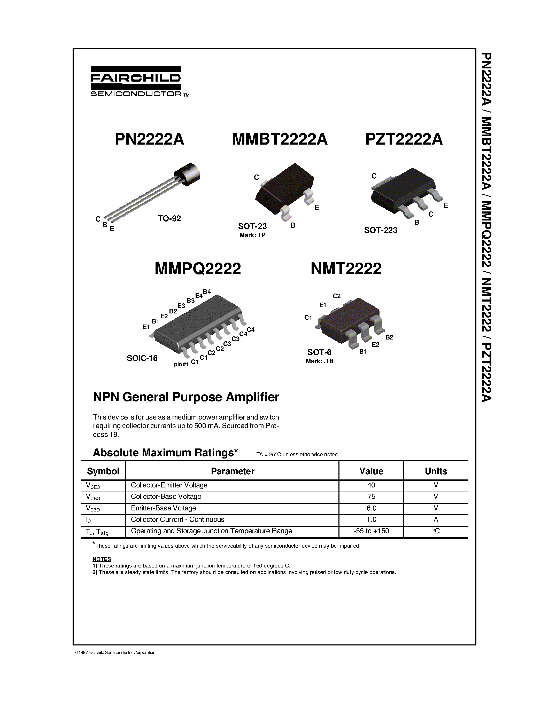 Datasheet PZT2222A - NPN General Purpose Amplifier page 1