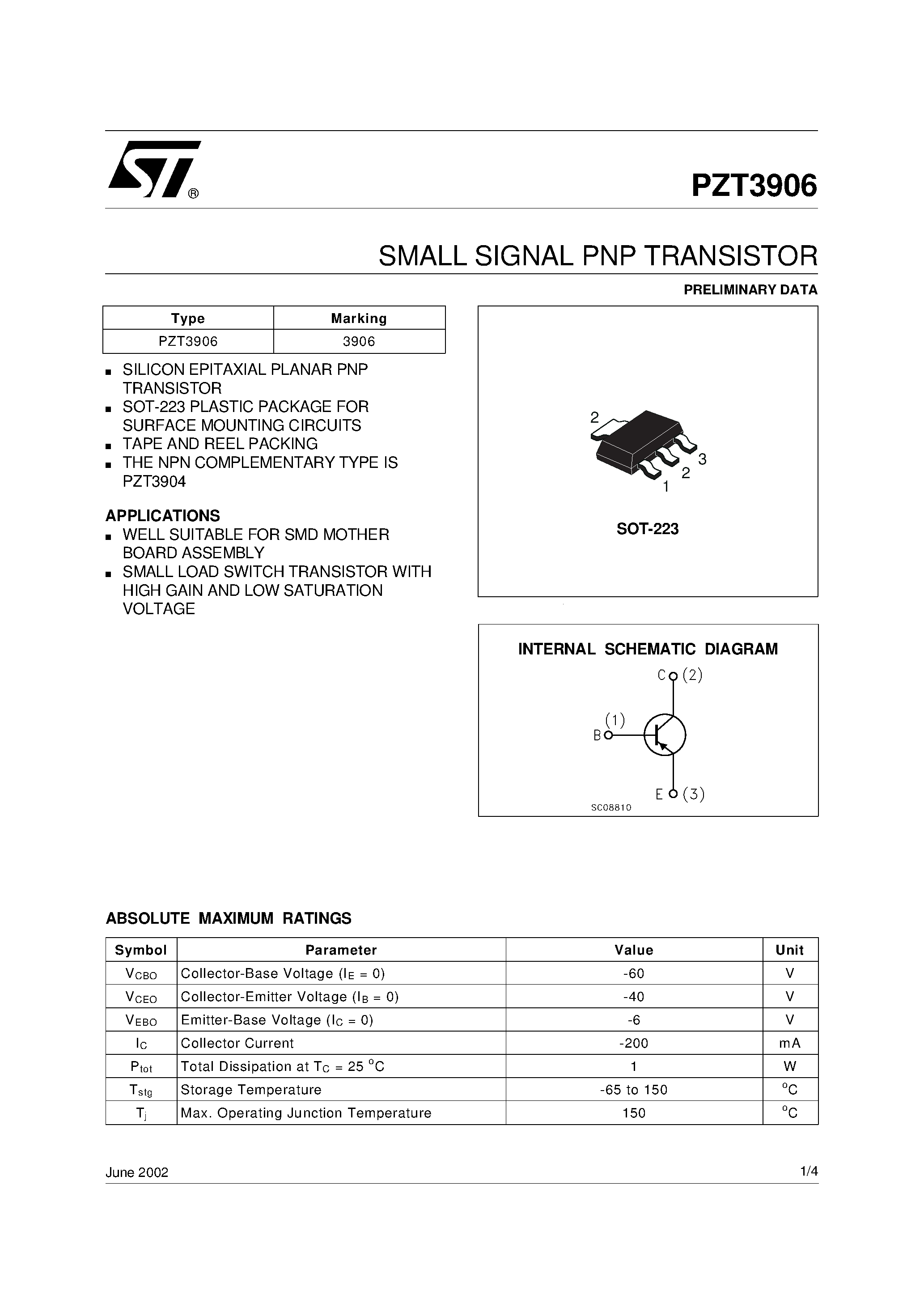 Datasheet PZT3906 - SMALL SIGNAL PNP TRANSISTOR page 1
