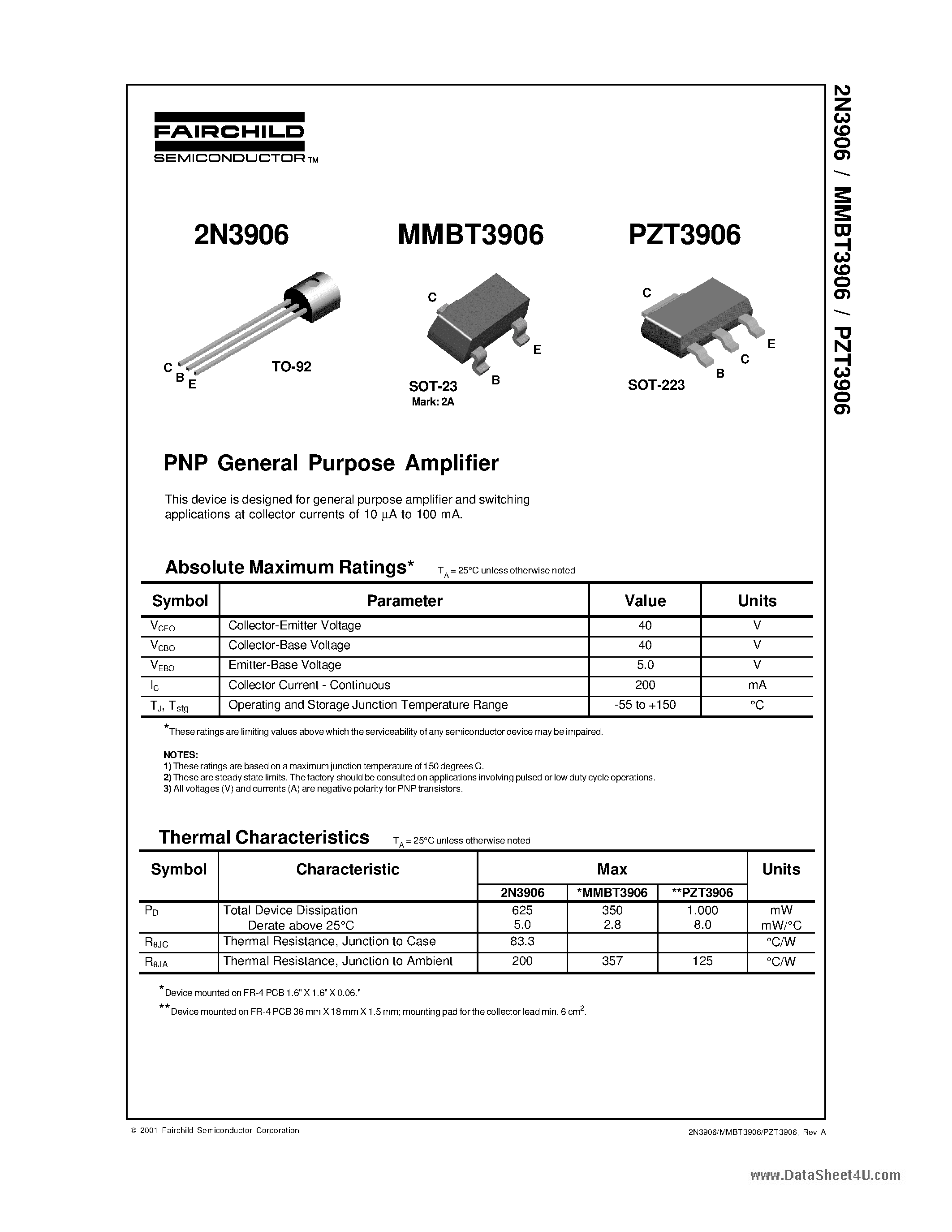 Даташит PZT3906 - PNP General Purpose Amplifier страница 1