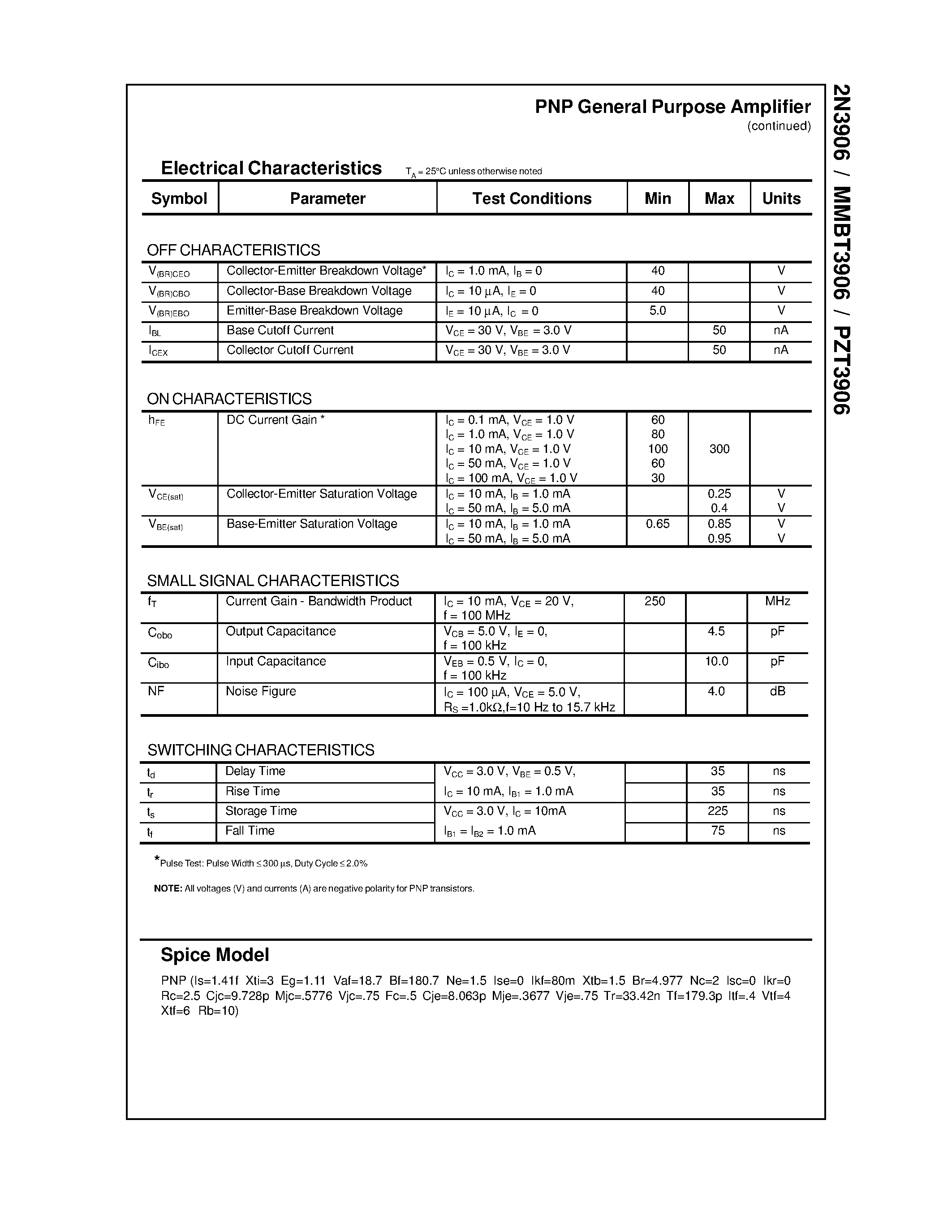Datasheet PZT3906 - PNP General Purpose Amplifier page 2