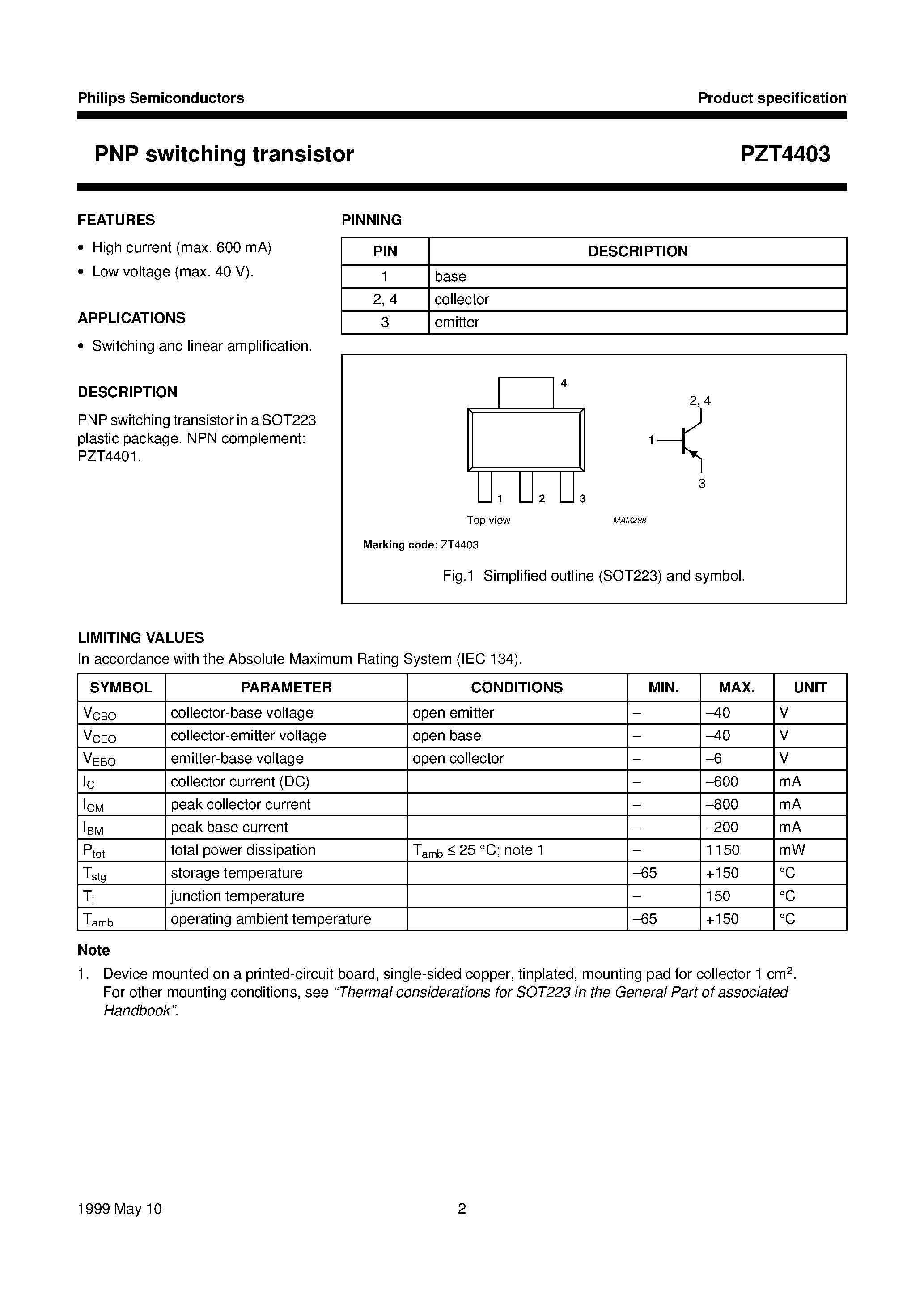 Datasheet PZT4403 - PNP switching transistor page 2