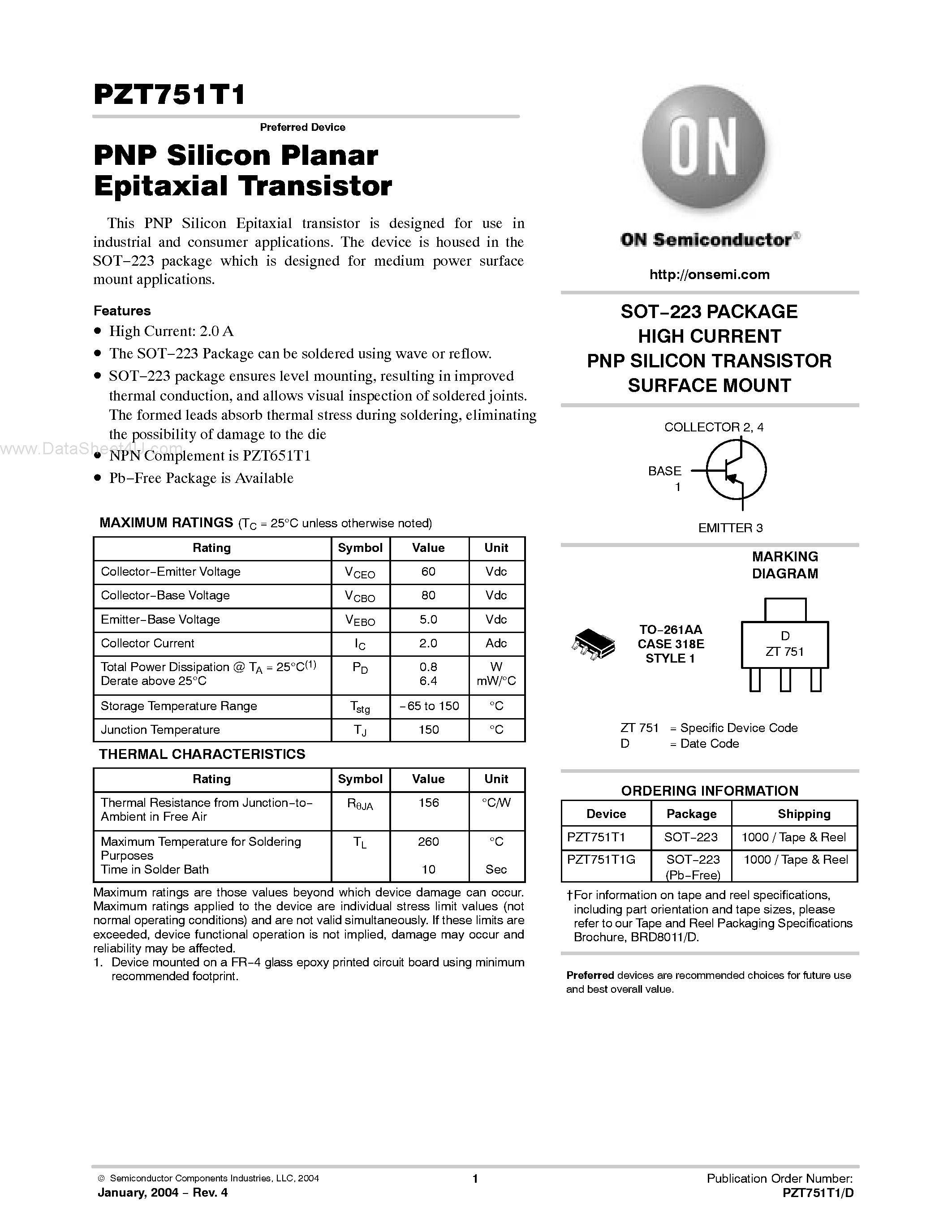 Datasheet PZT751T1 - PNP Silicon Planar Epitaxial Transistor page 1