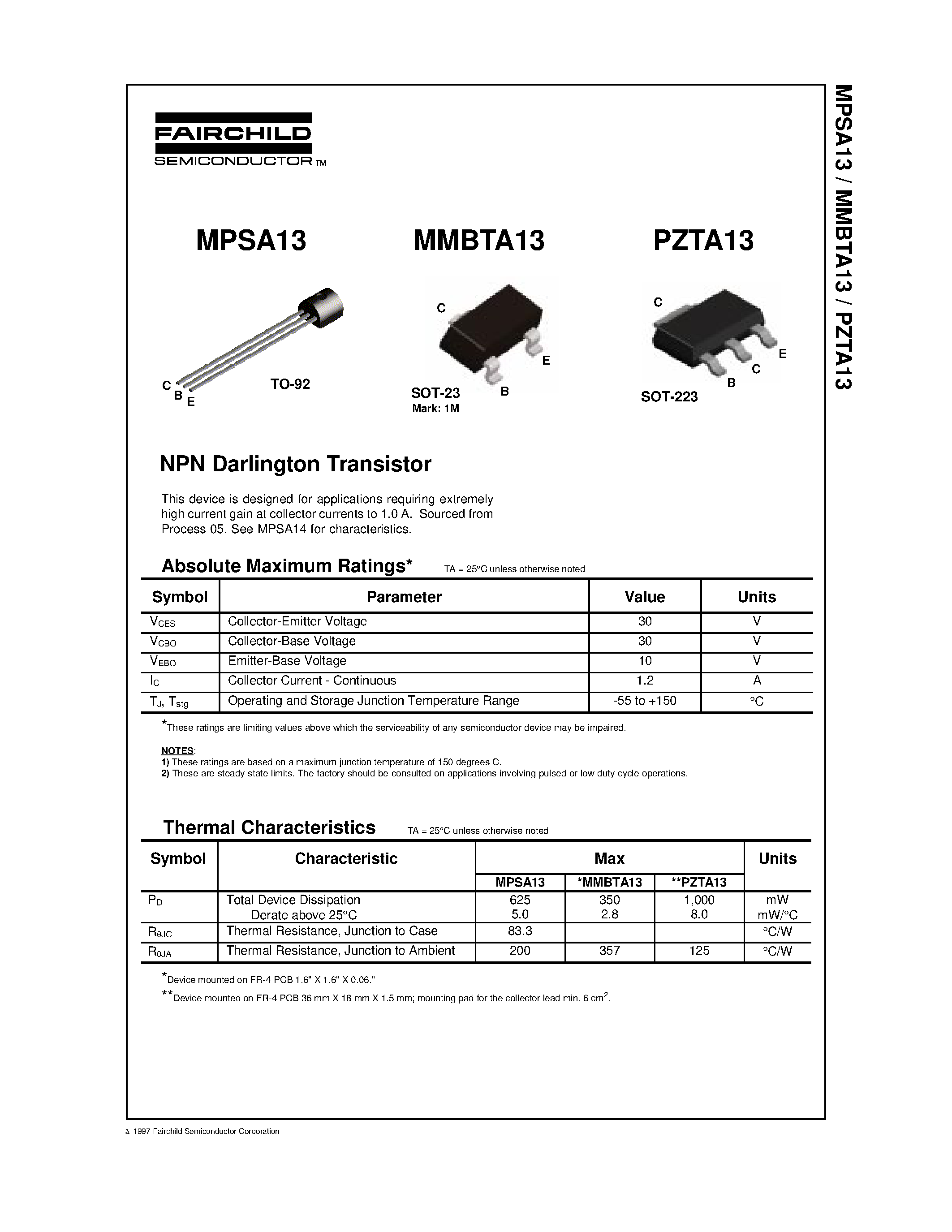 Даташит PZTA13 - NPN Darlington Transistor страница 1