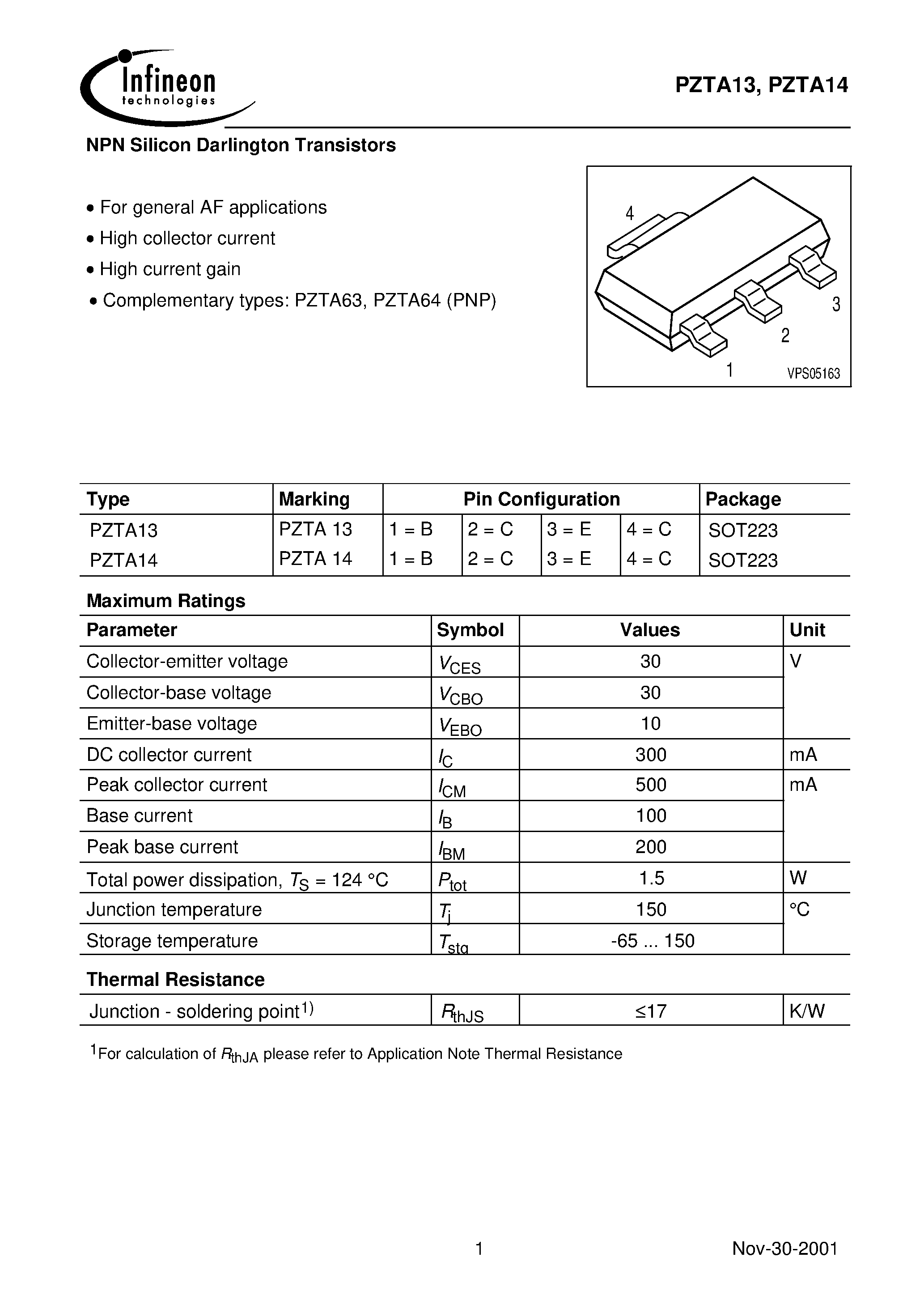Даташит PZTA13 - NPN Silicon Darlington Transistors страница 1
