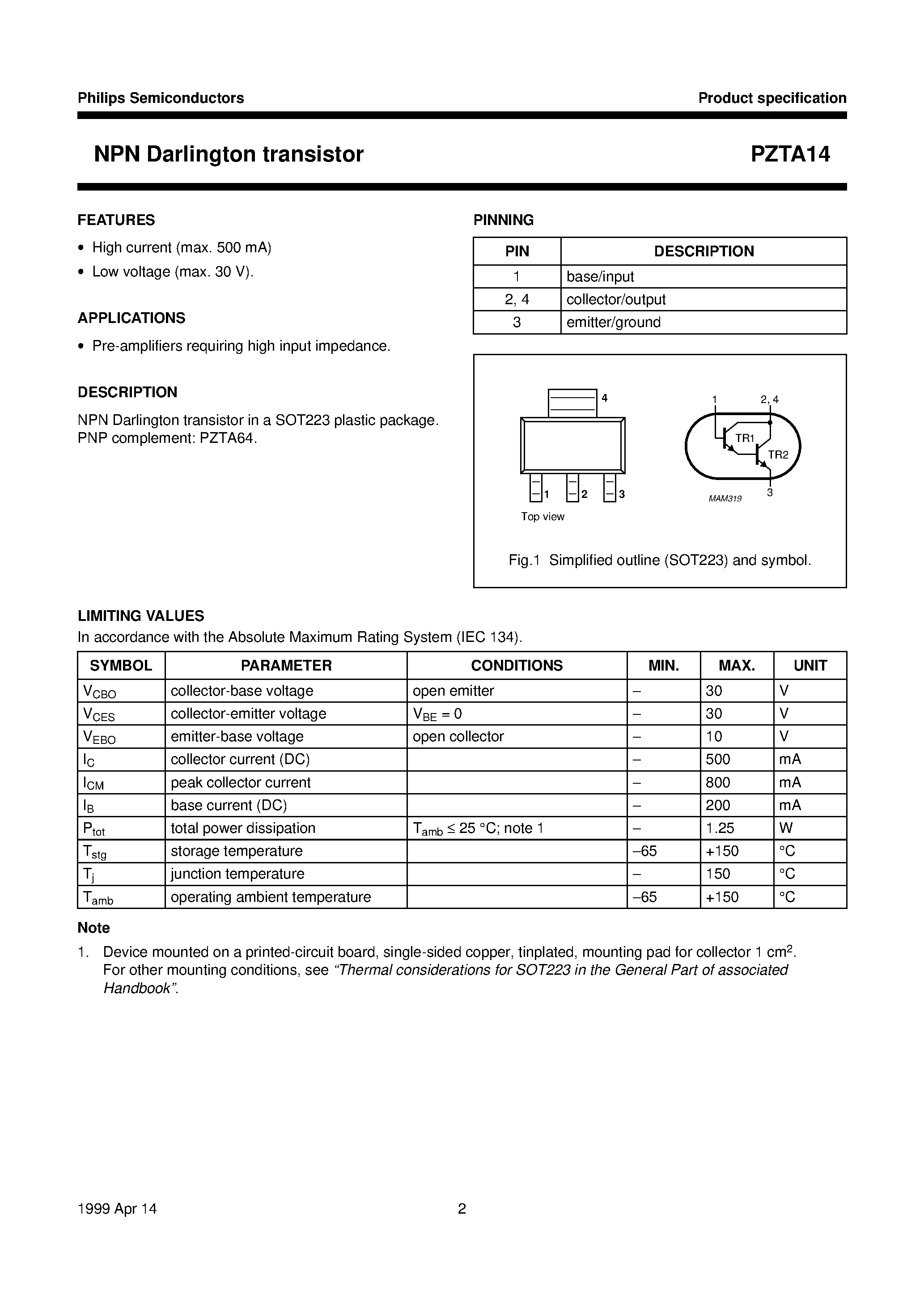 Datasheet PZTA14 - NPN Darlington transistor page 2