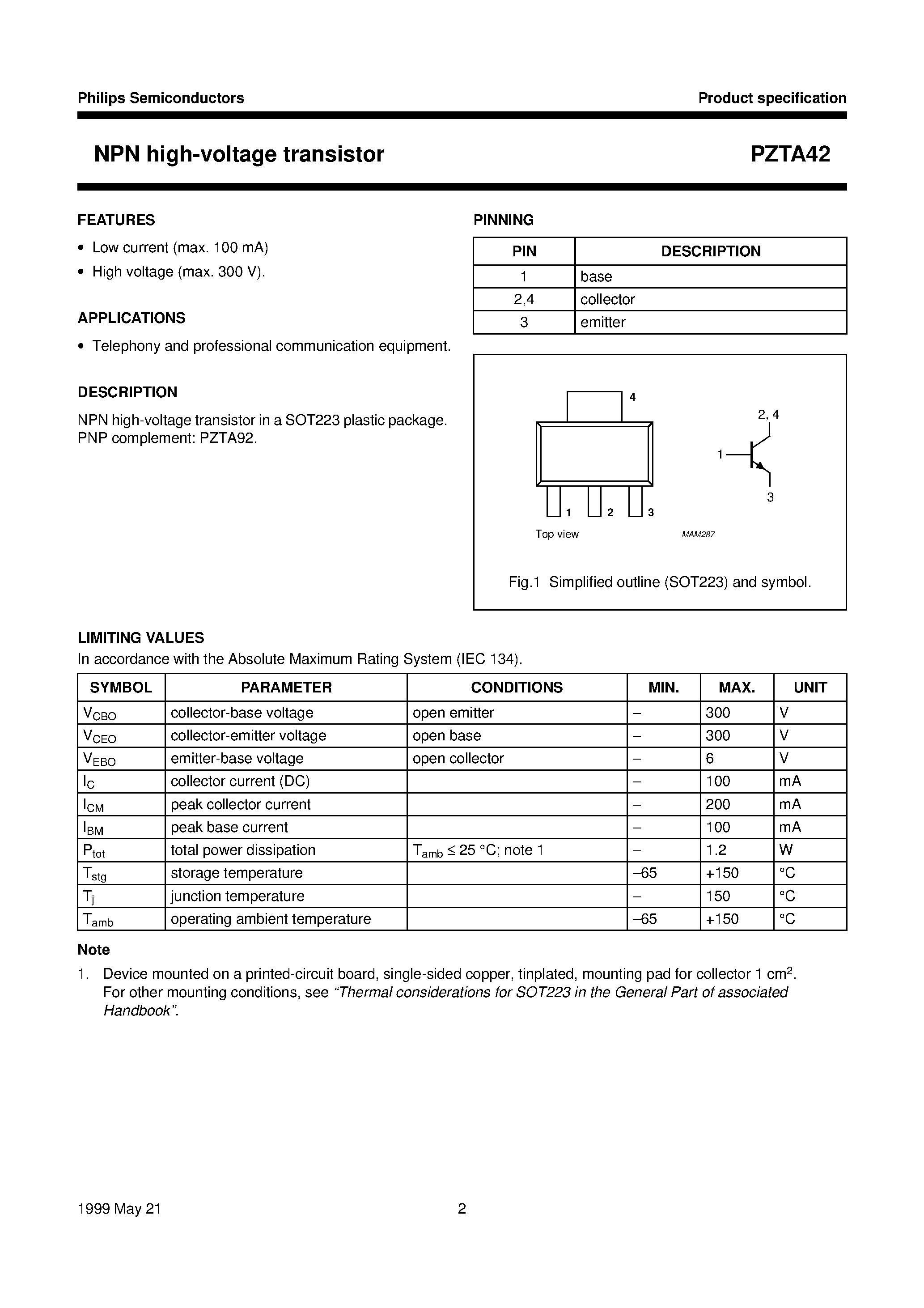 Даташит PZTA42 - NPN high-voltage transistor страница 2
