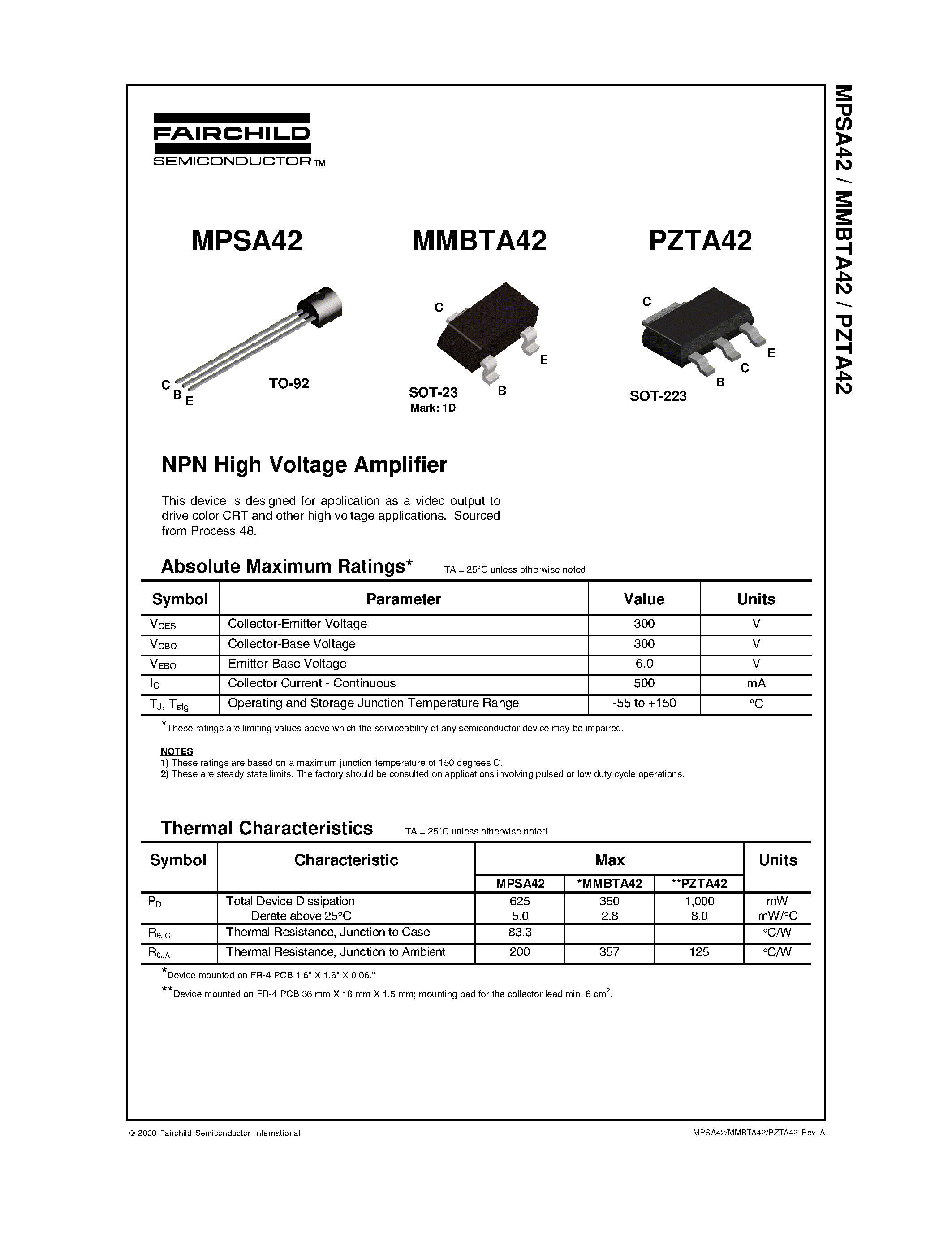 Даташит PZTA42 - NPN High Voltage Amplifier страница 1