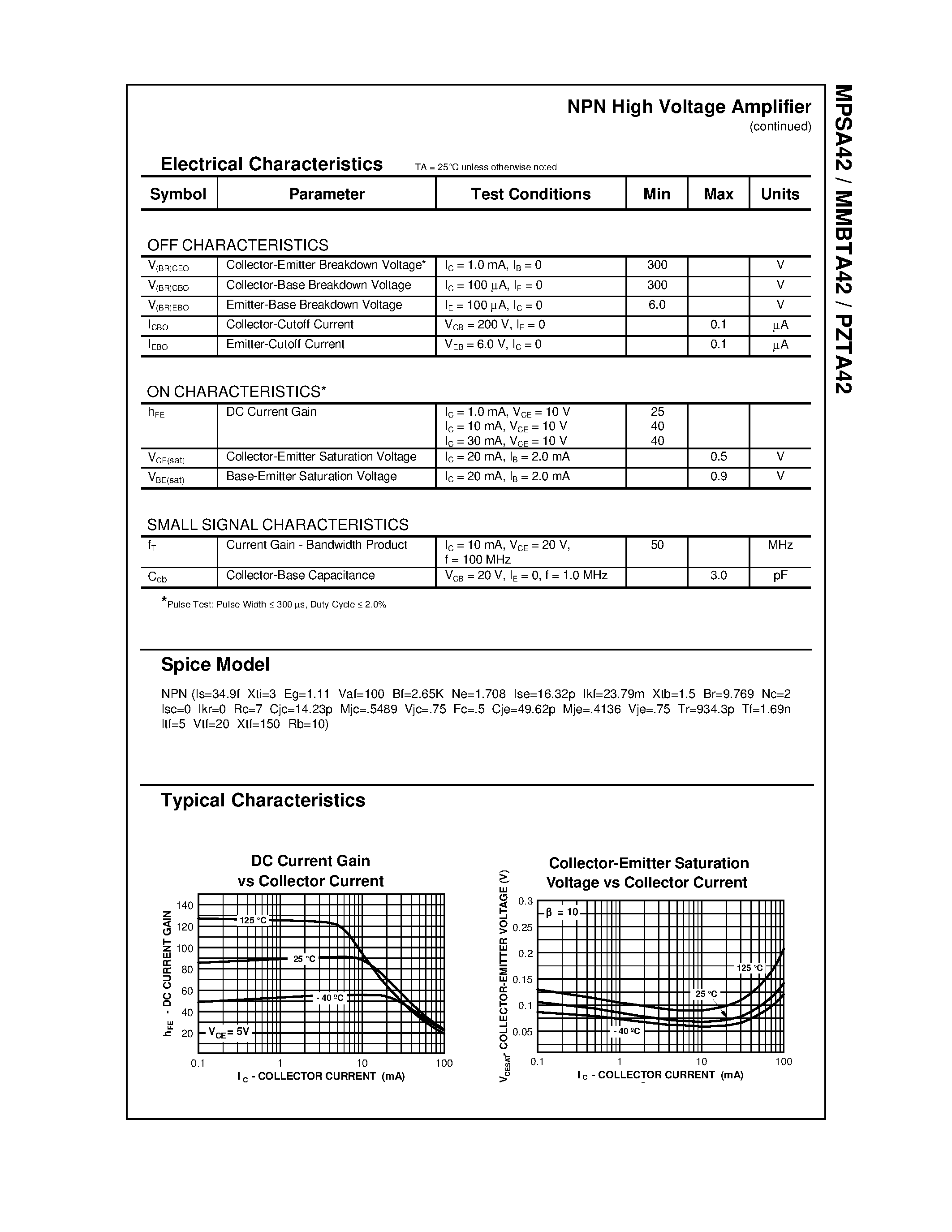 Даташит PZTA42 - NPN High Voltage Amplifier страница 2