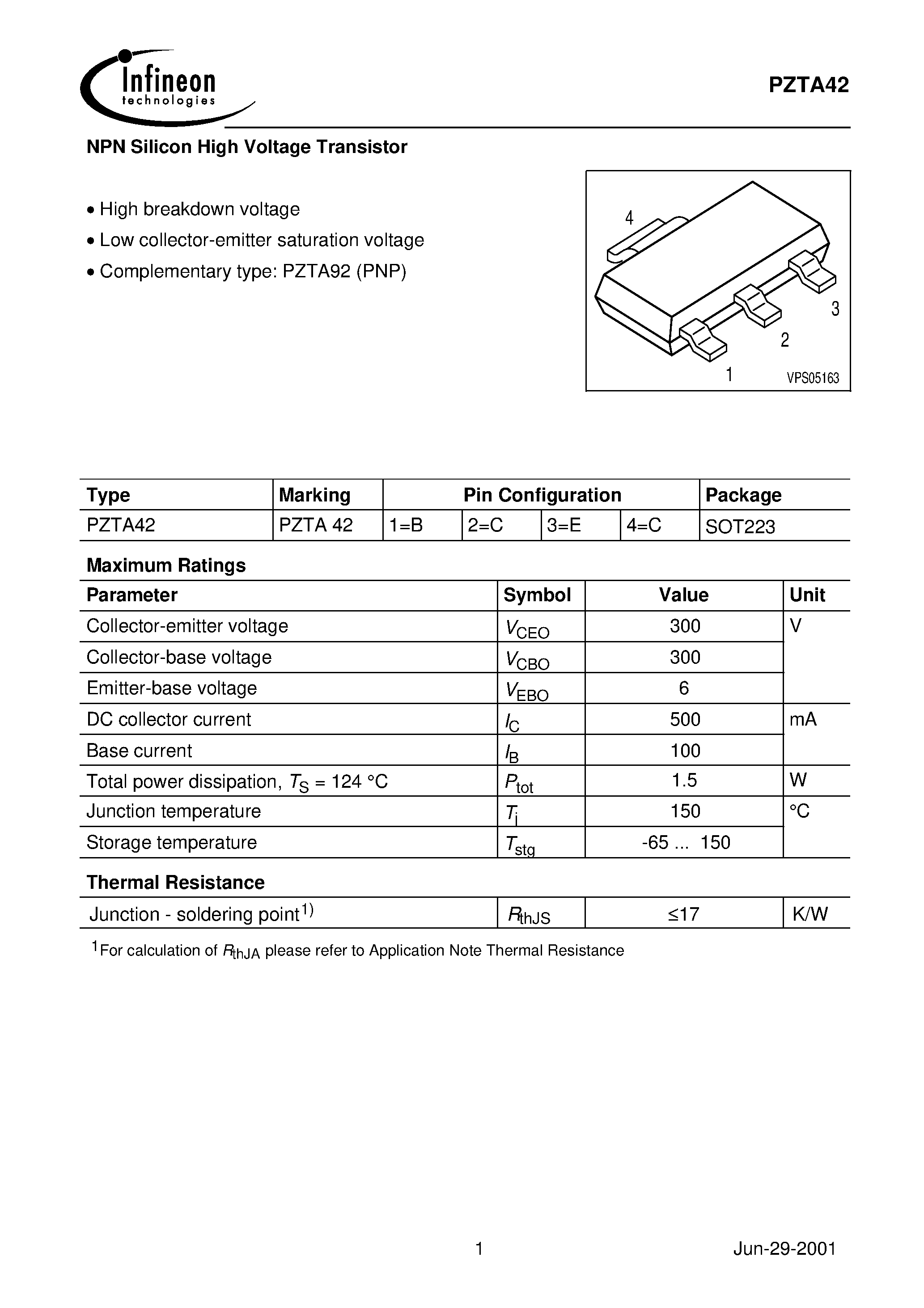 Даташит PZTA42 - NPN Silicon High Voltage Transistor страница 1