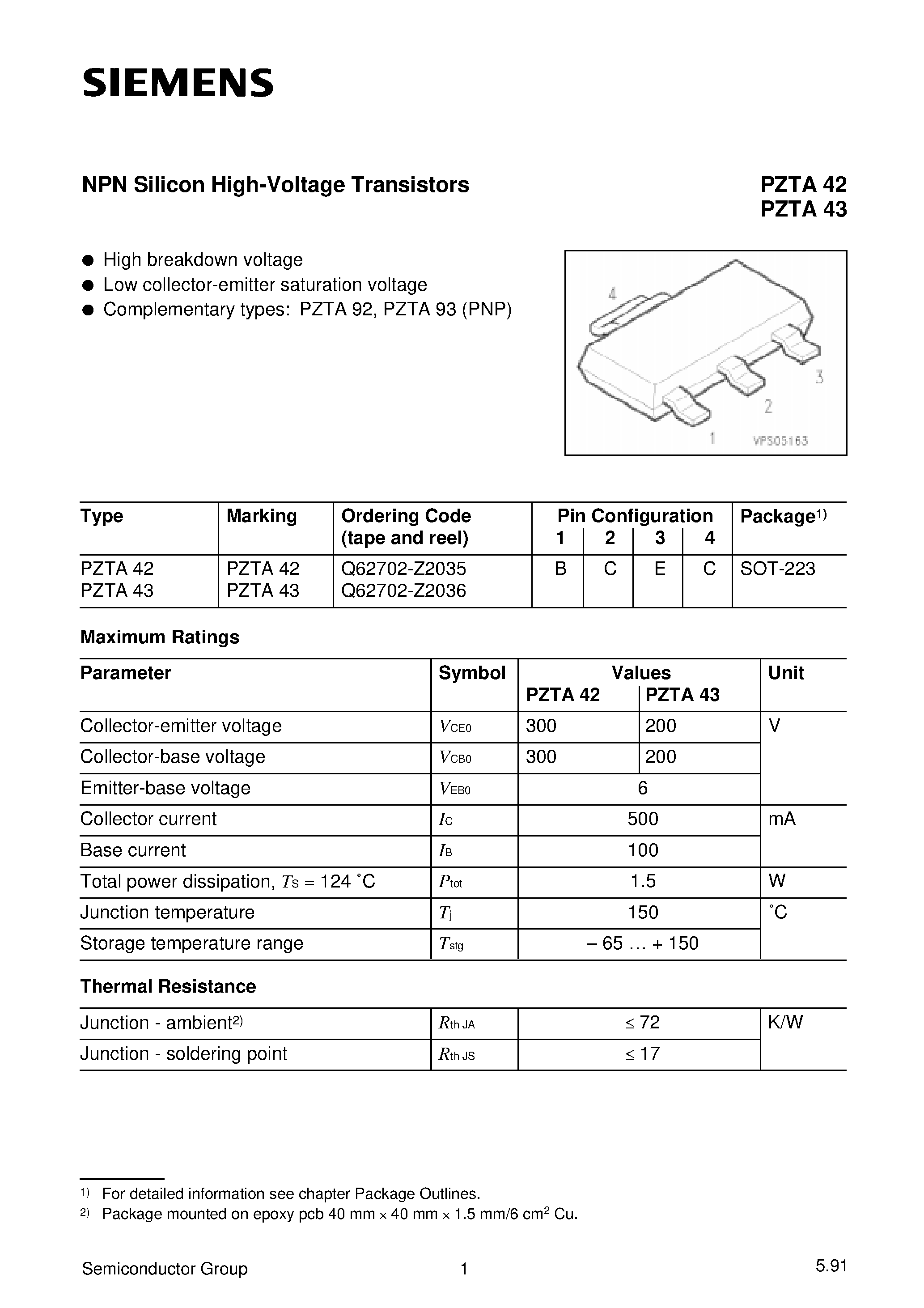 Datasheet PZTA43 - NPN Silicon High-Voltage Transistors page 1