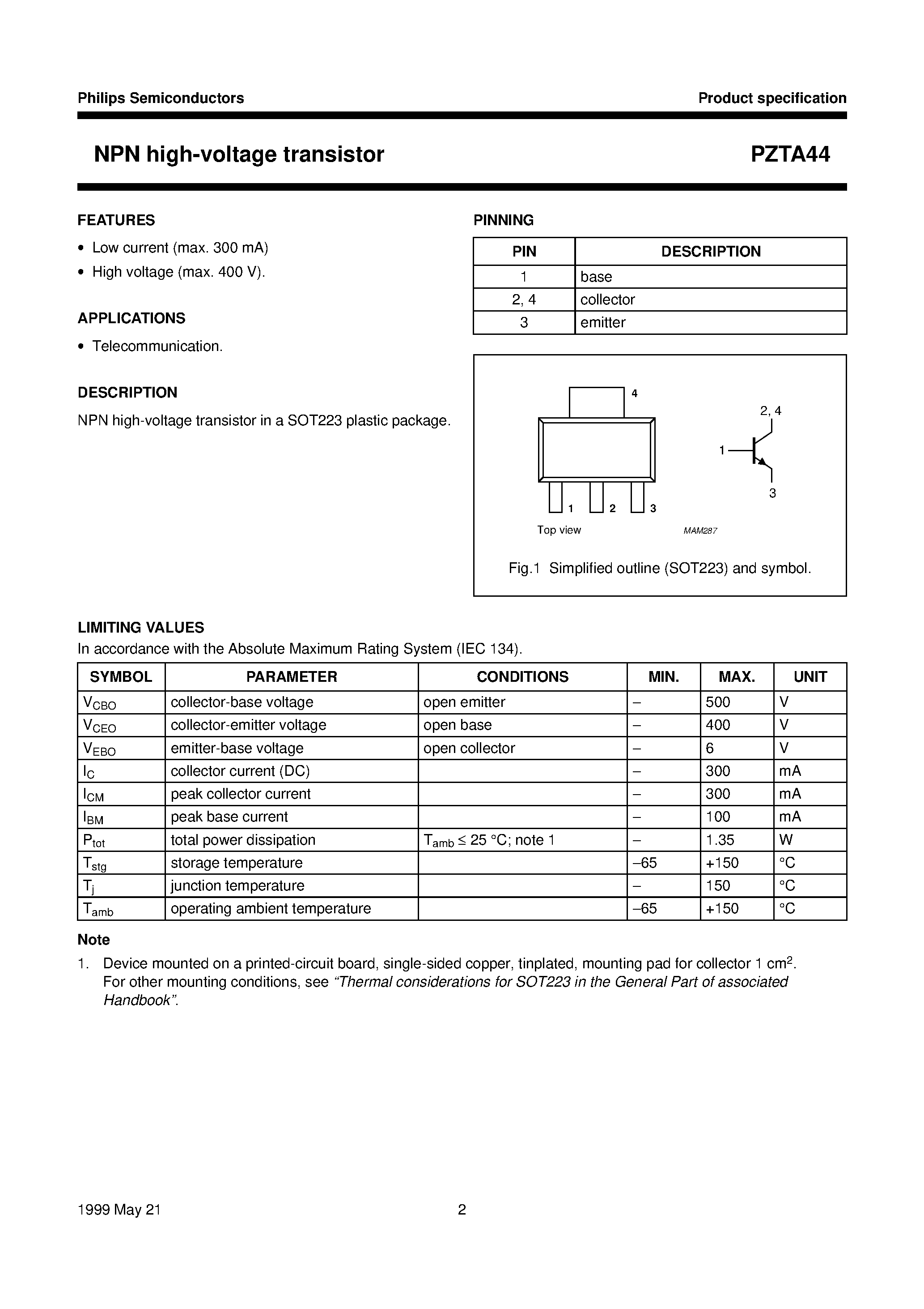 Даташит PZTA44 - NPN high-voltage transistor страница 2