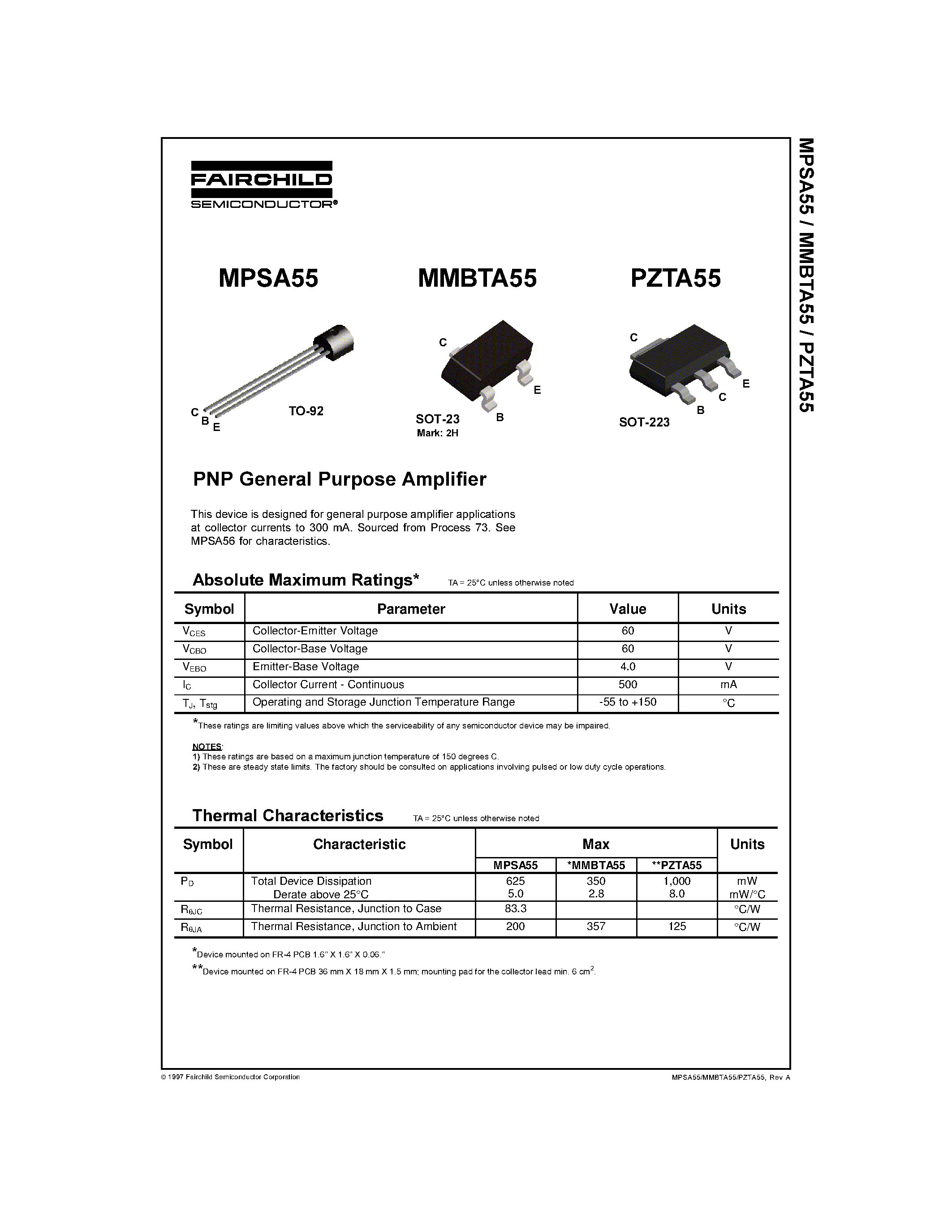 Даташит PZTA55 - PNP General Purpose Amplifier страница 1