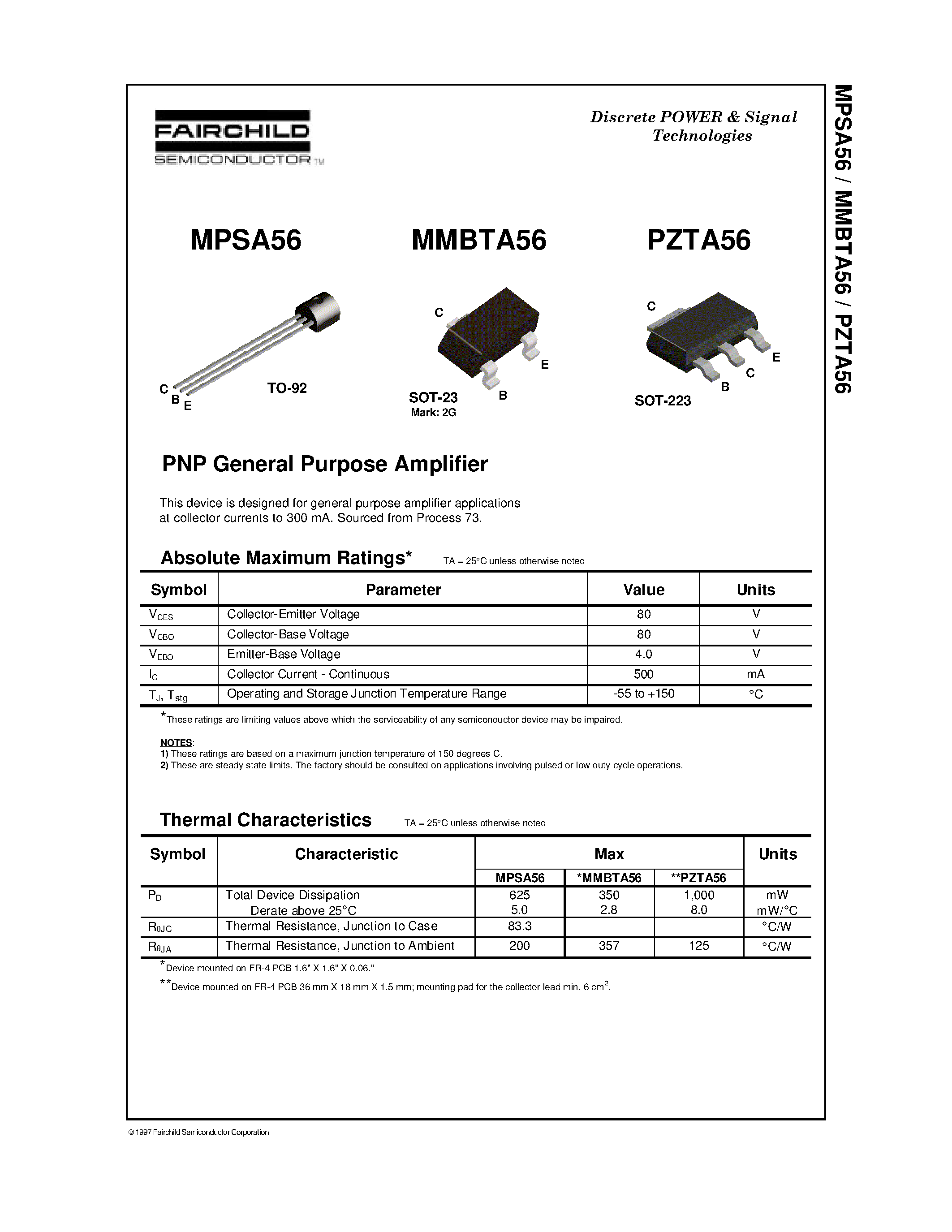 Даташит PZTA56 - PNP General Purpose Amplifier страница 1