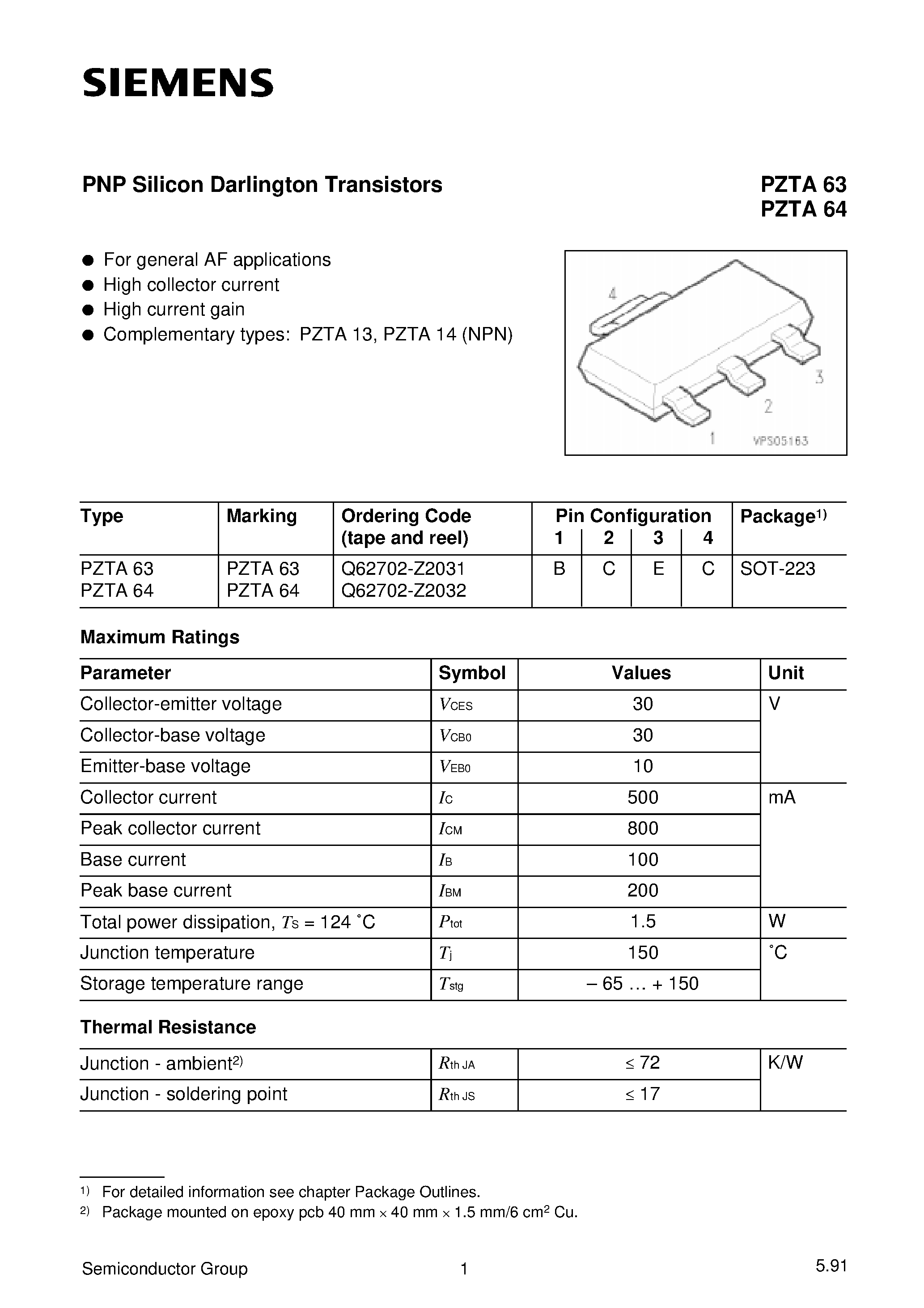Datasheet PZTA63 - PNP Silicon Darlington Transistors page 1