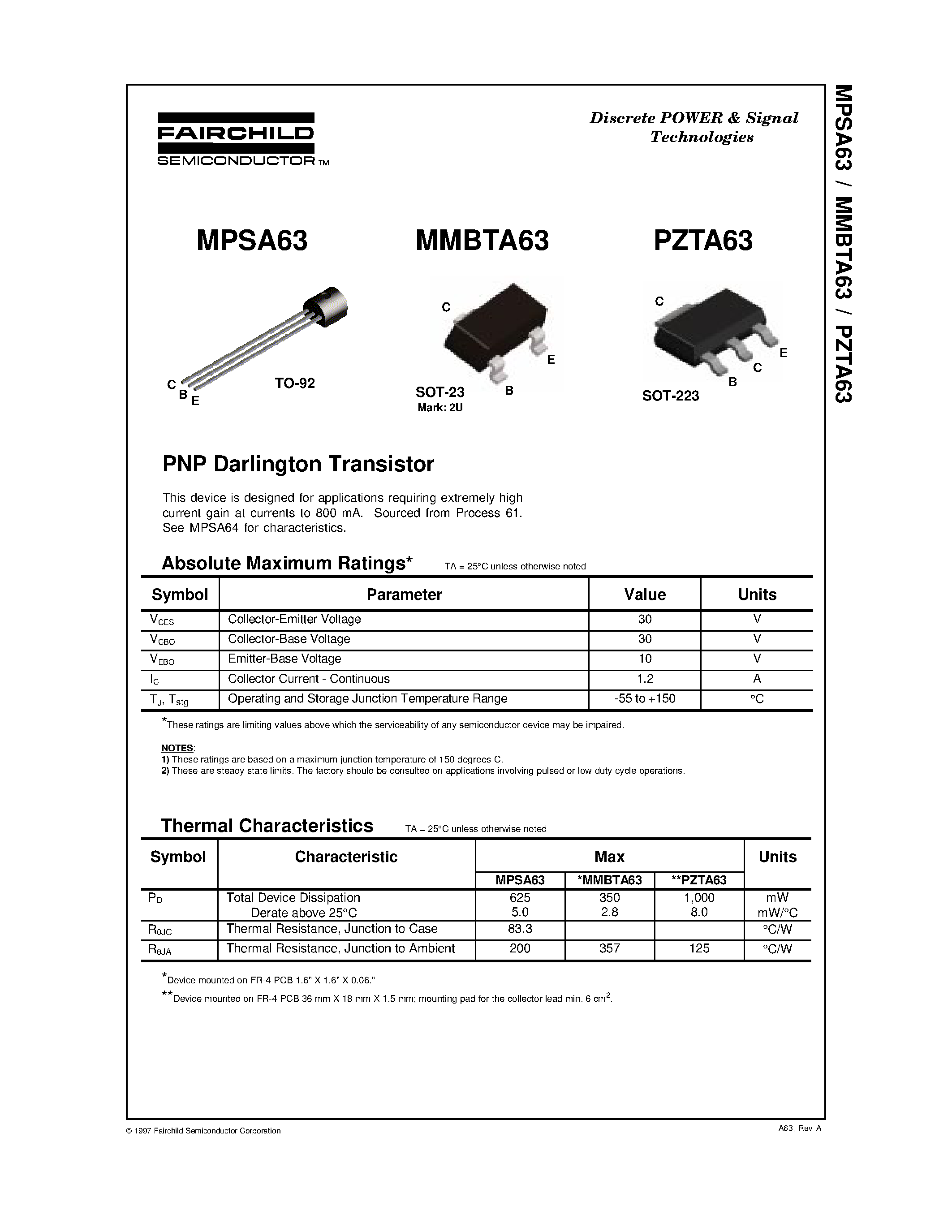 Datasheet PZTA63 - PNP Darlington Transistor page 1