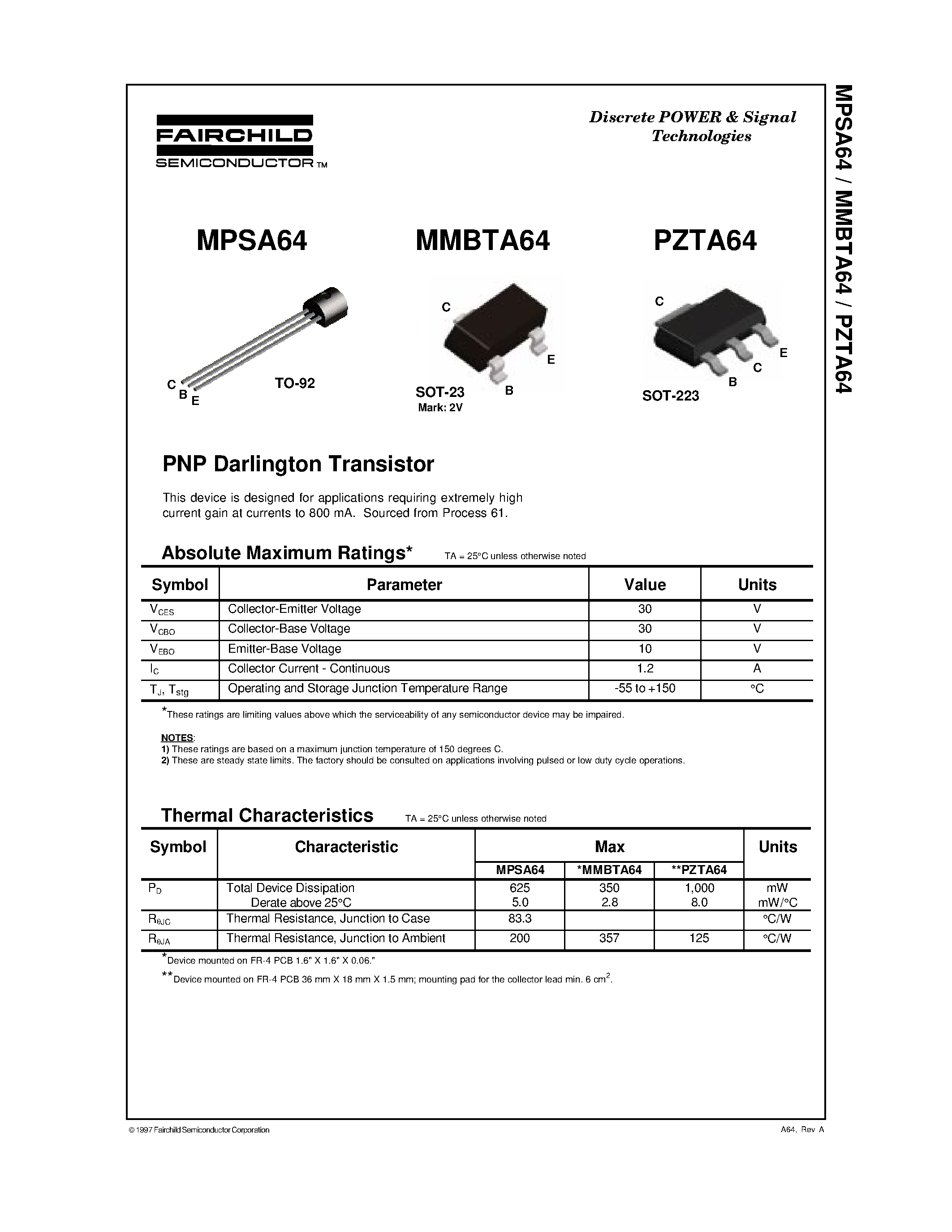 Даташит PZTA64 - PNP Darlington Transistor страница 1