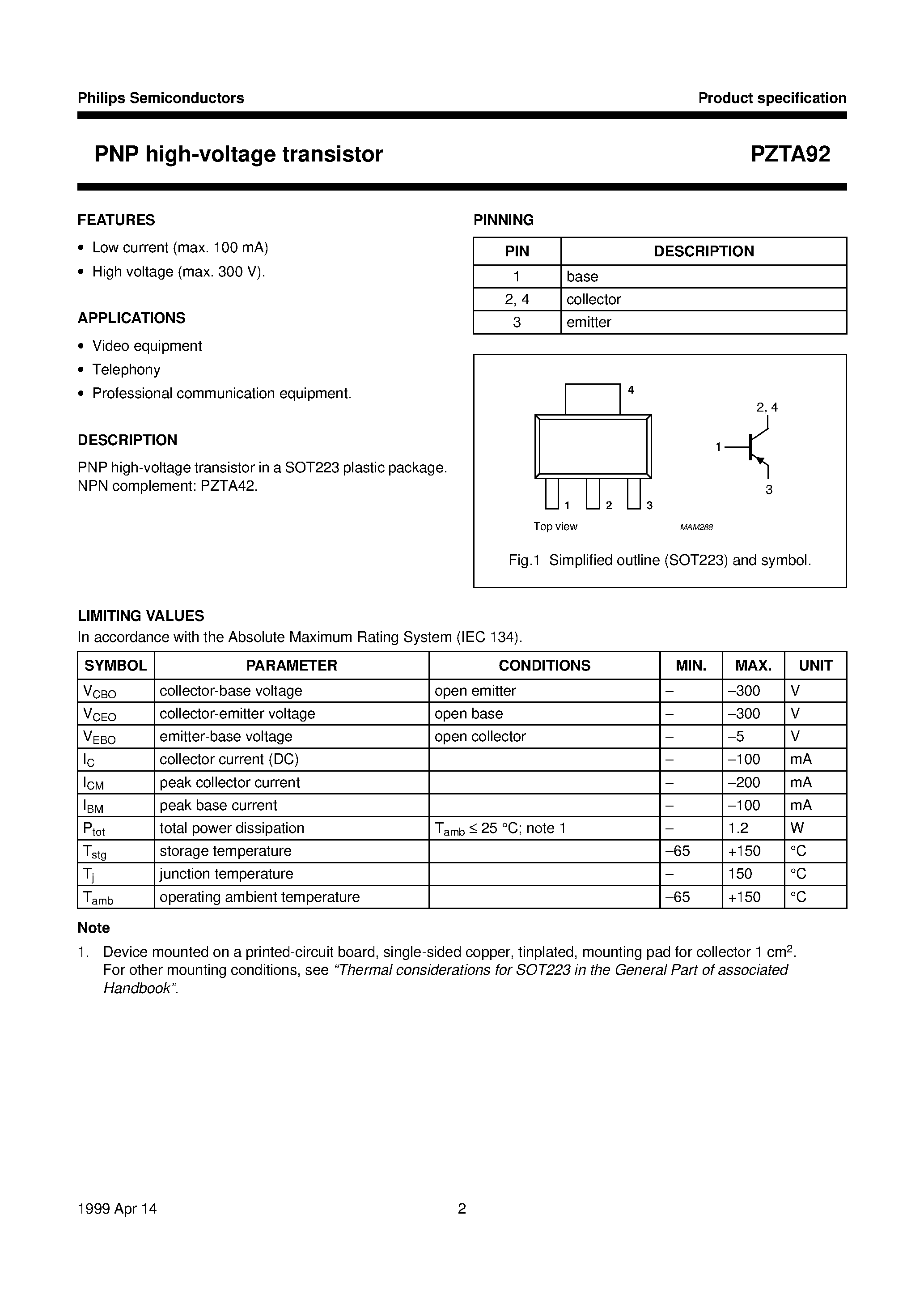 Даташит PZTA92 - PNP high-voltage transistor страница 2