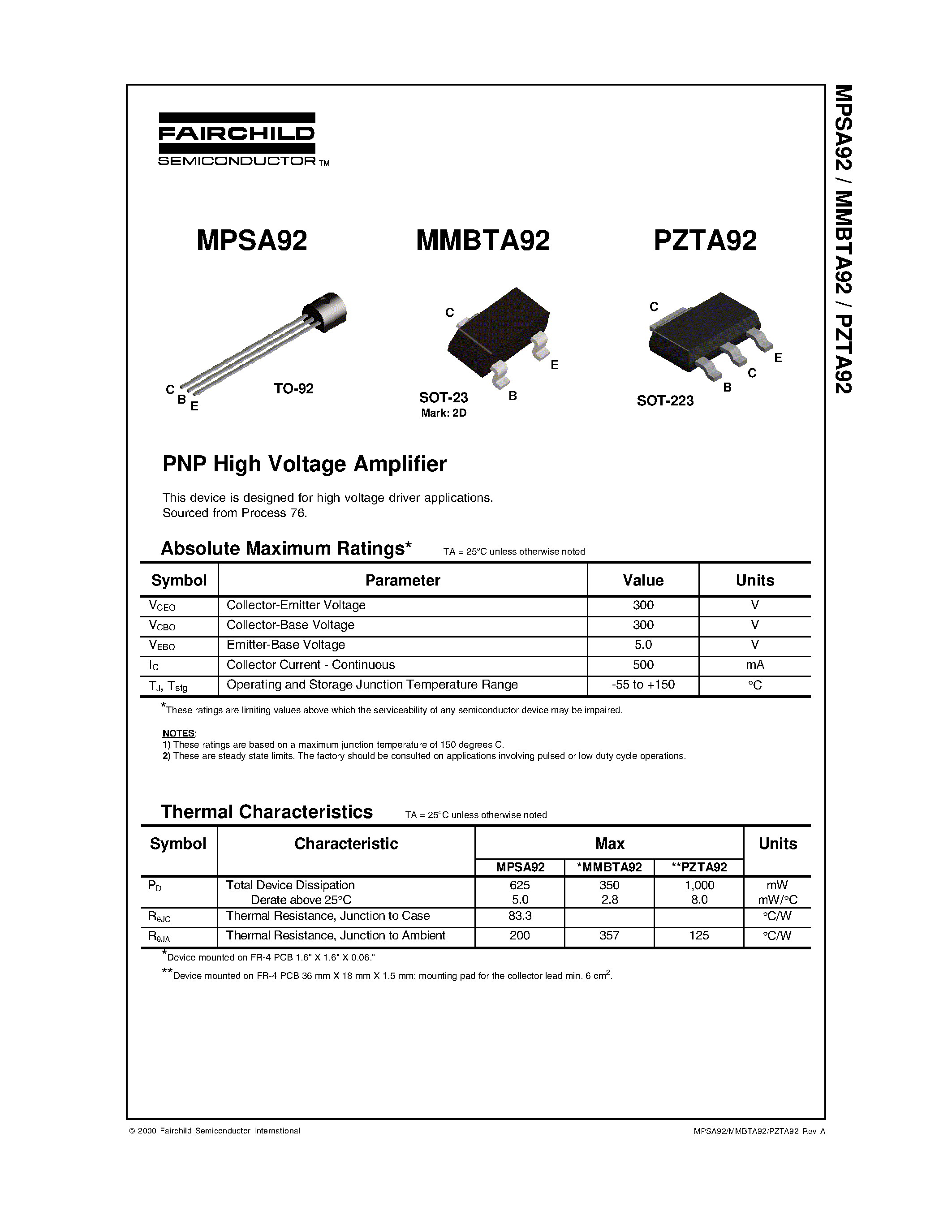 Даташит PZTA92 - PNP High Voltage Amplifier страница 1