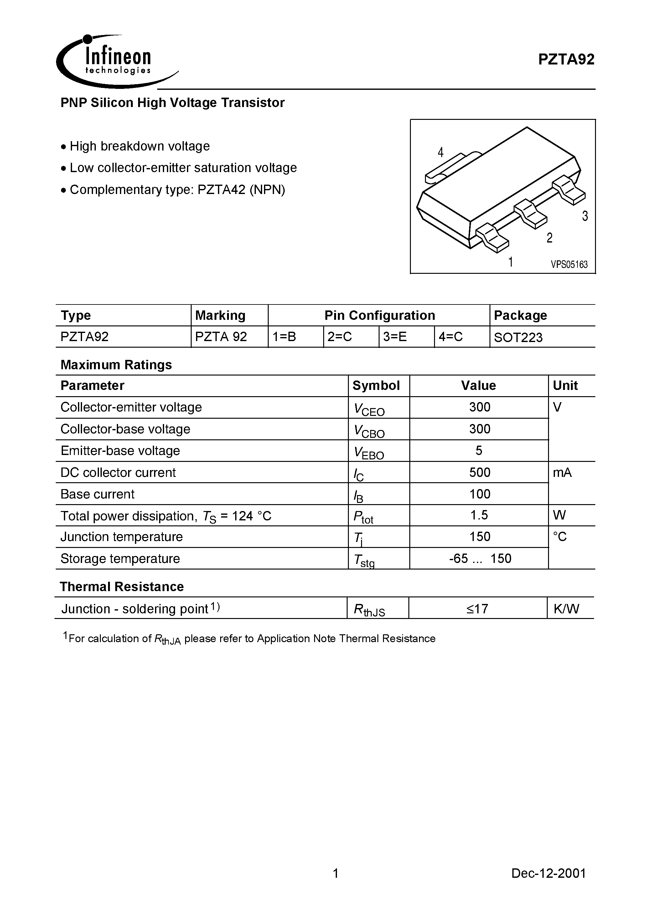 Даташит PZTA92 - PNP Silicon High Voltage Transistor страница 1