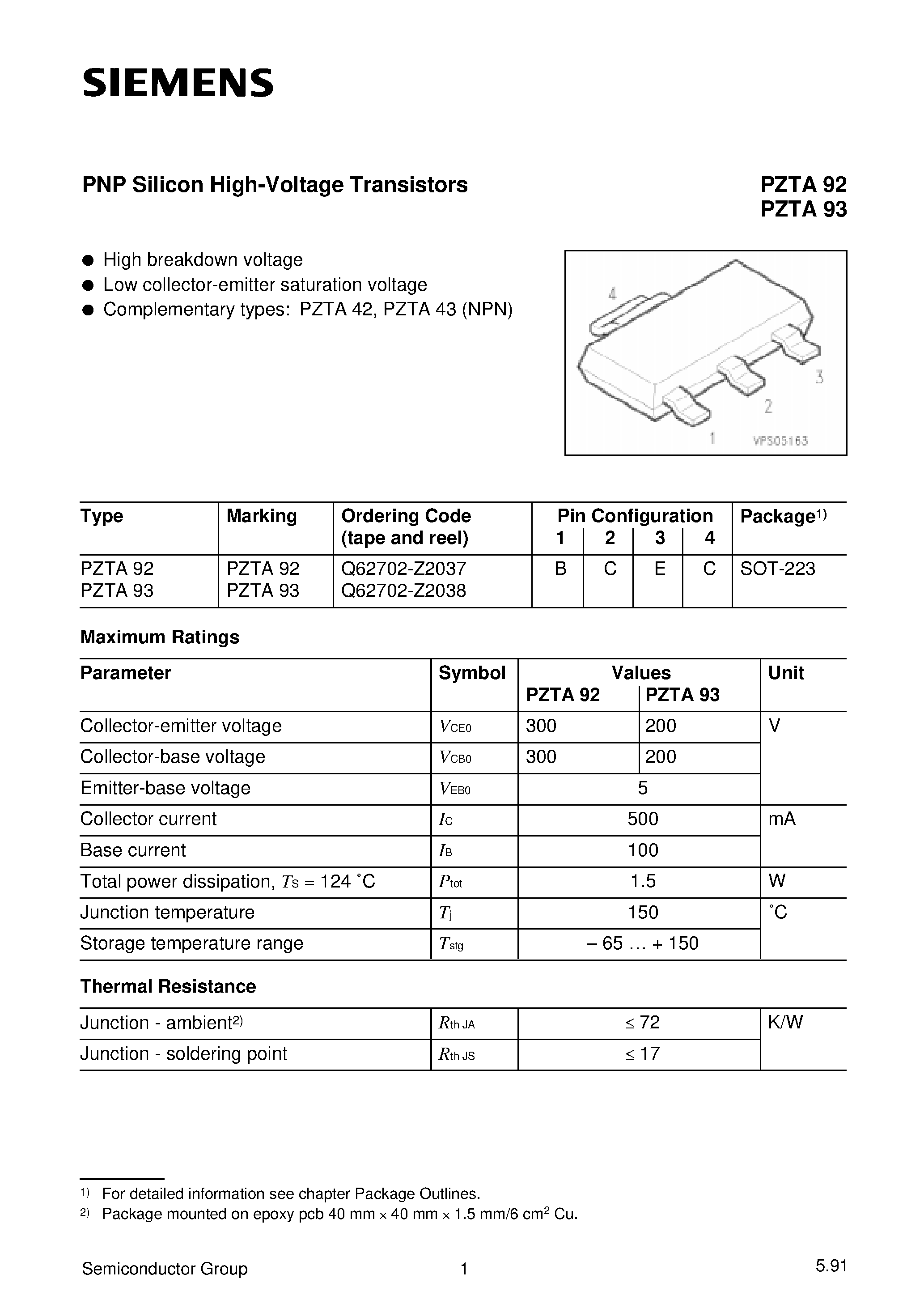 Datasheet PZTA93 - PNP Silicon High-Voltage Transistors page 1