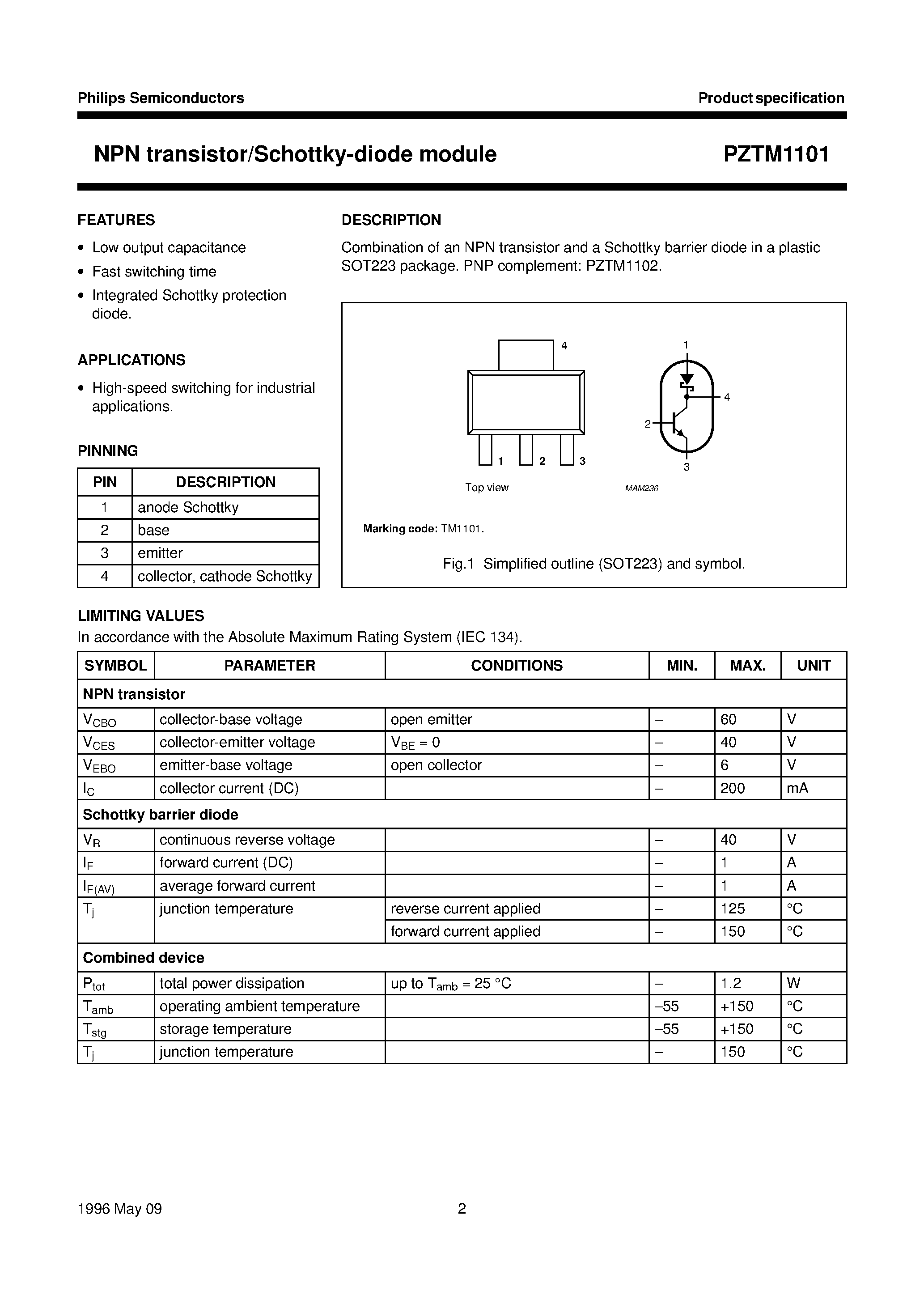 Даташит PZTM1101 - NPN transistor/Schottky-diode module страница 2