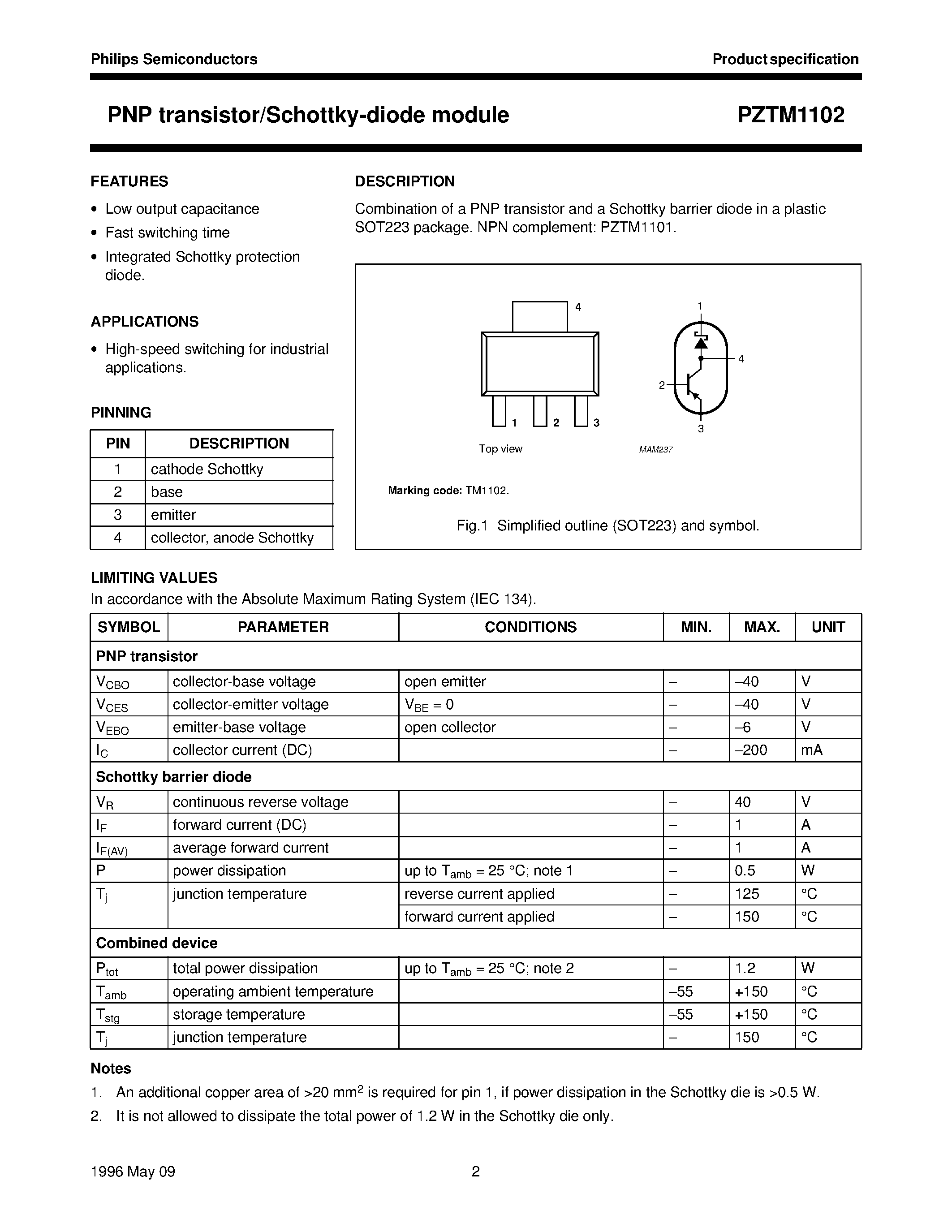 Даташит PZTM1102 - PNP transistor/Schottky-diode module страница 2