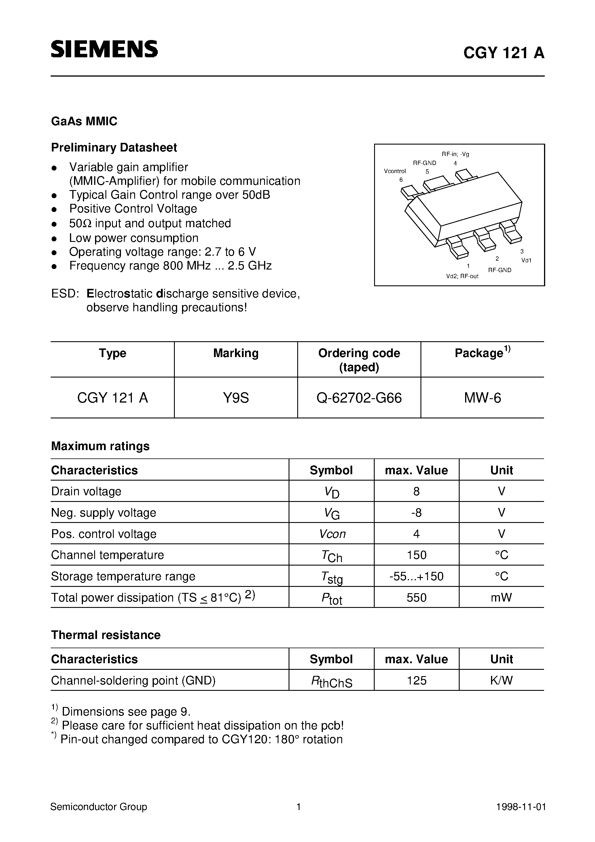 Datasheet Q-62702-G66 - GaAs MMIC (Variable gain amplifier MMIC-Amplifier for mobile communication Typical Gain Control range over 50dB) page 1