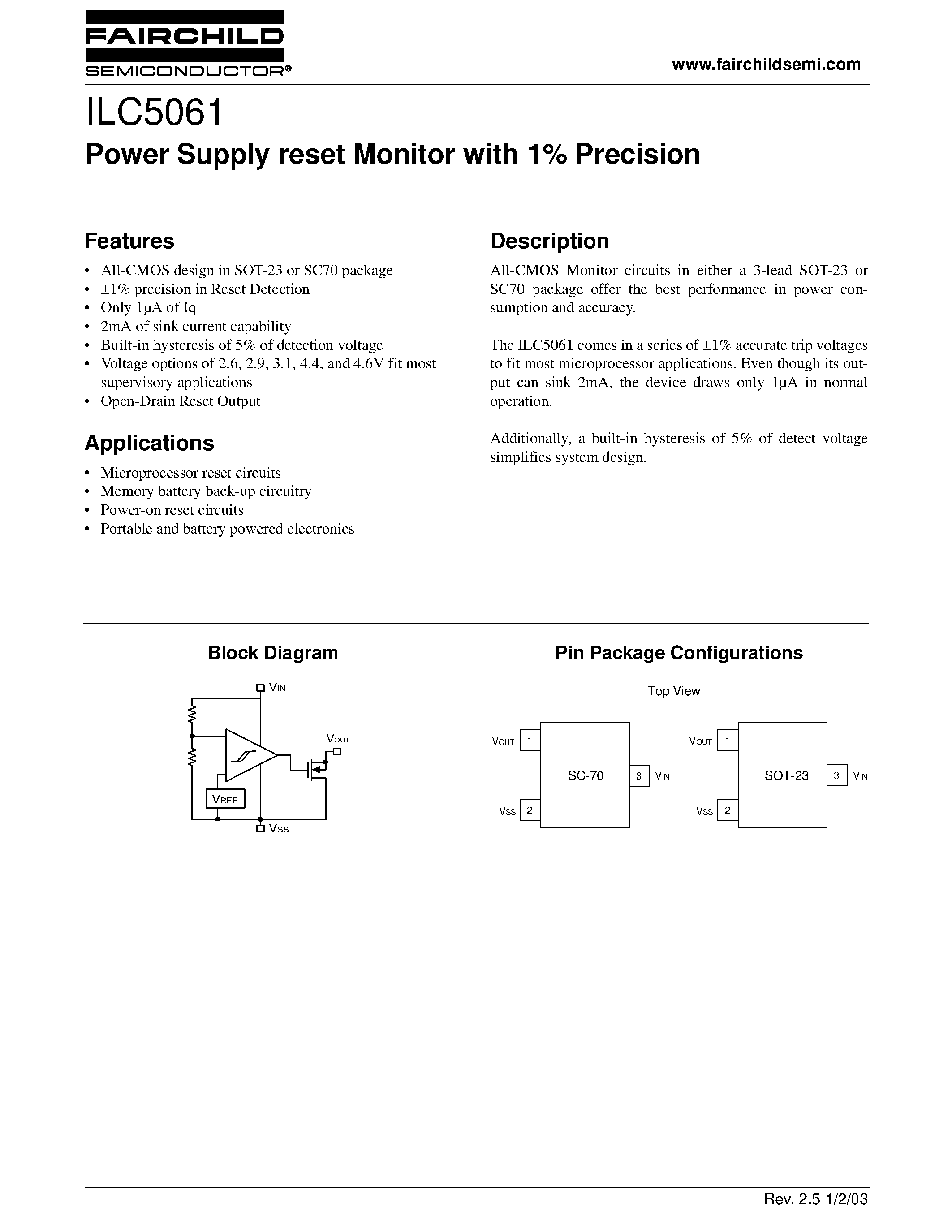 Даташит ILC5061AIC23 - Power Supply reset Monitor with 1% Precision страница 1