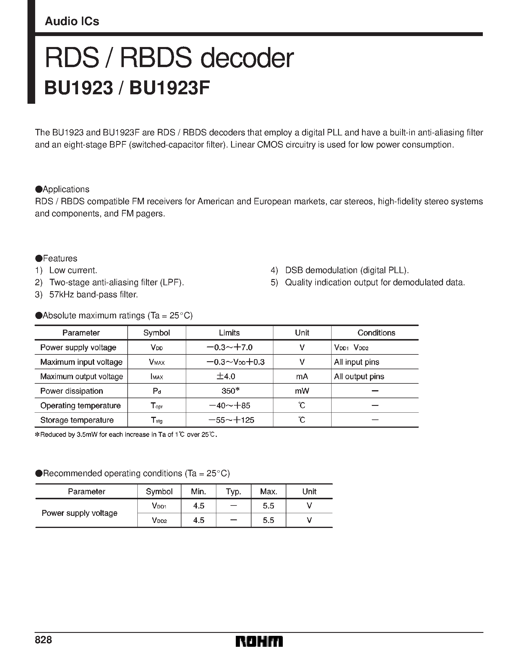 Даташит BU1923F - RDS / RBDS decoder страница 1