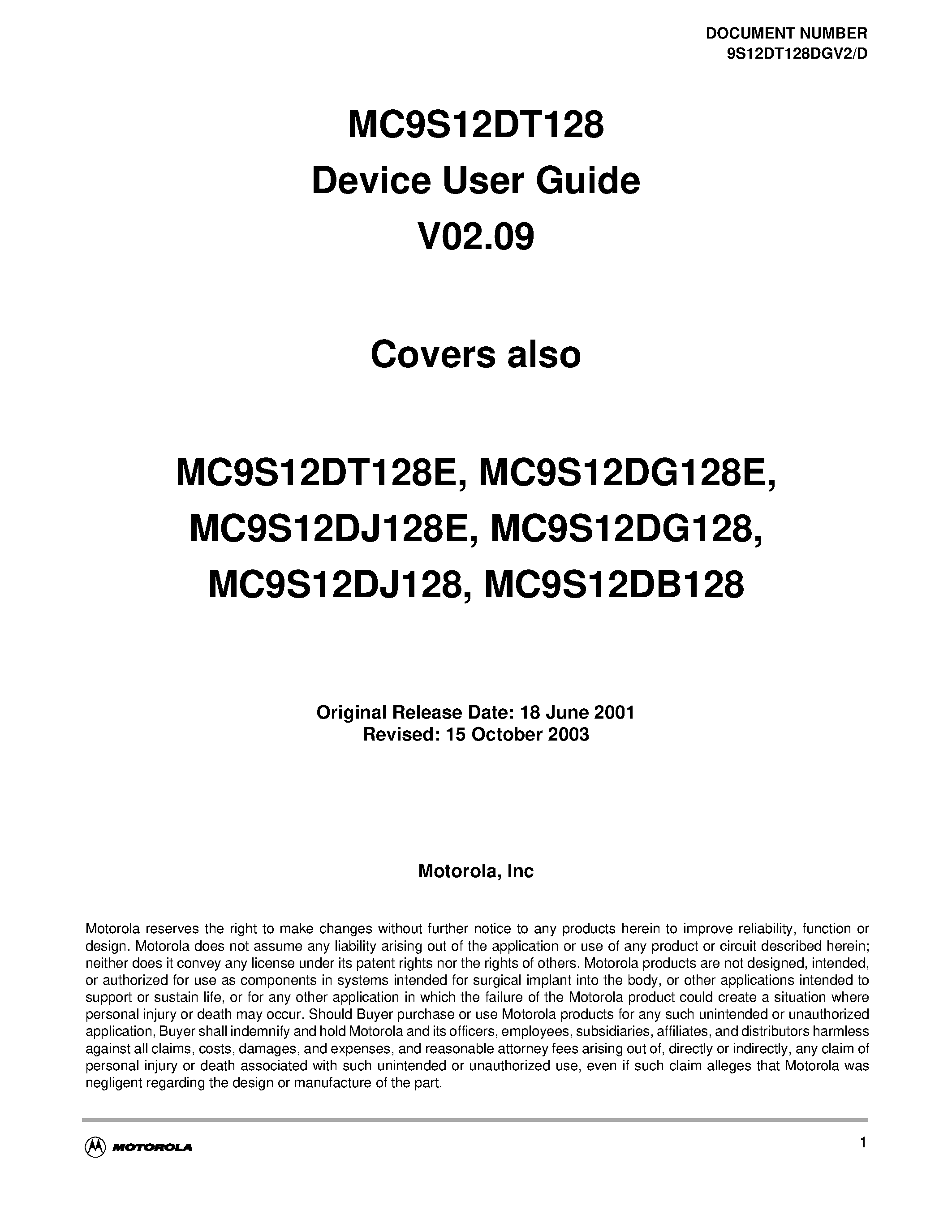 Datasheet S12IICV2D - MC9S12DT128 Device User Guide V02.09 page 1