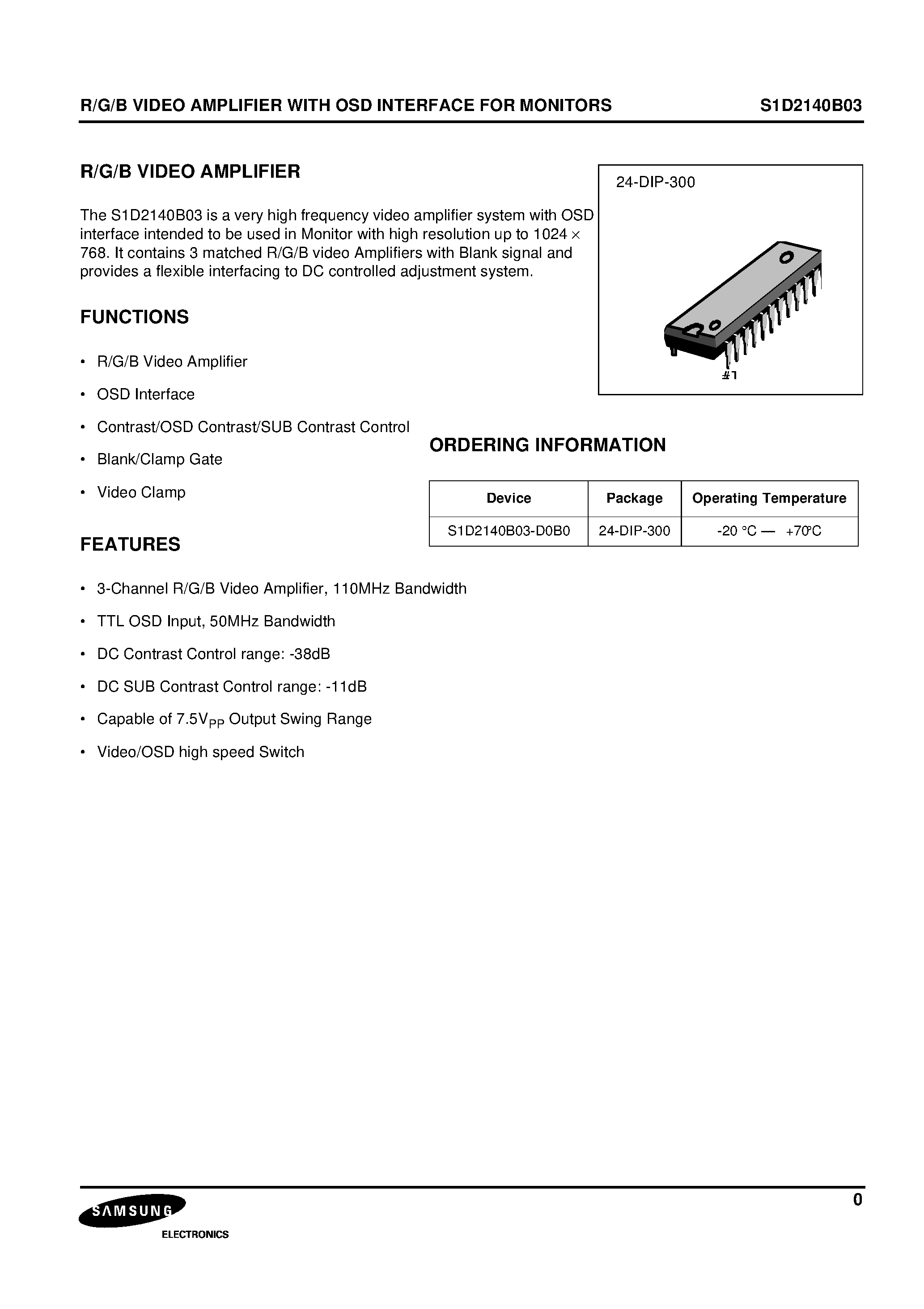 Datasheet S1D2140B03-D0B0 - R/G/B VIDEO AMPLIFIER WITH OSD INTERFACE FOR MONITORS page 1