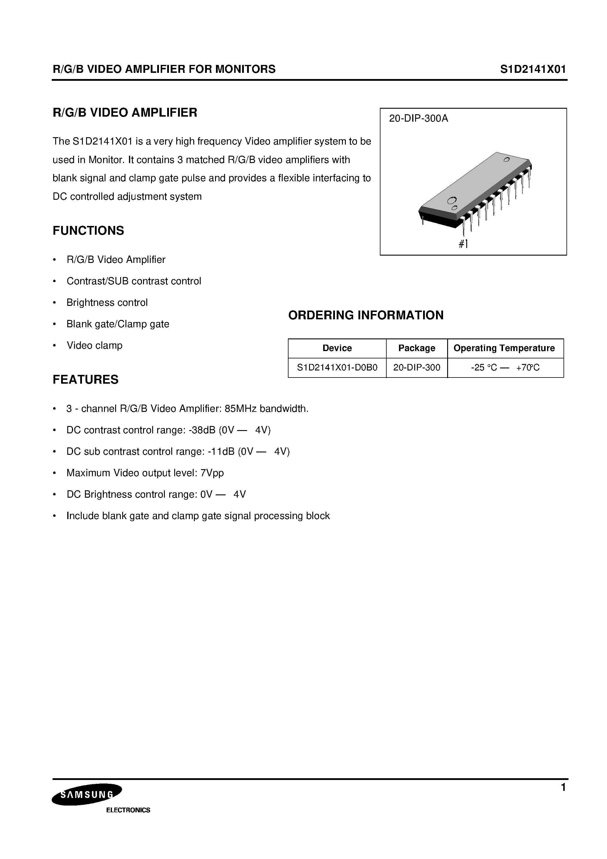 Datasheet S1D2141X01-D0B0 - R/G/B VIDEO AMPLIFIER FOR MONITORS page 1