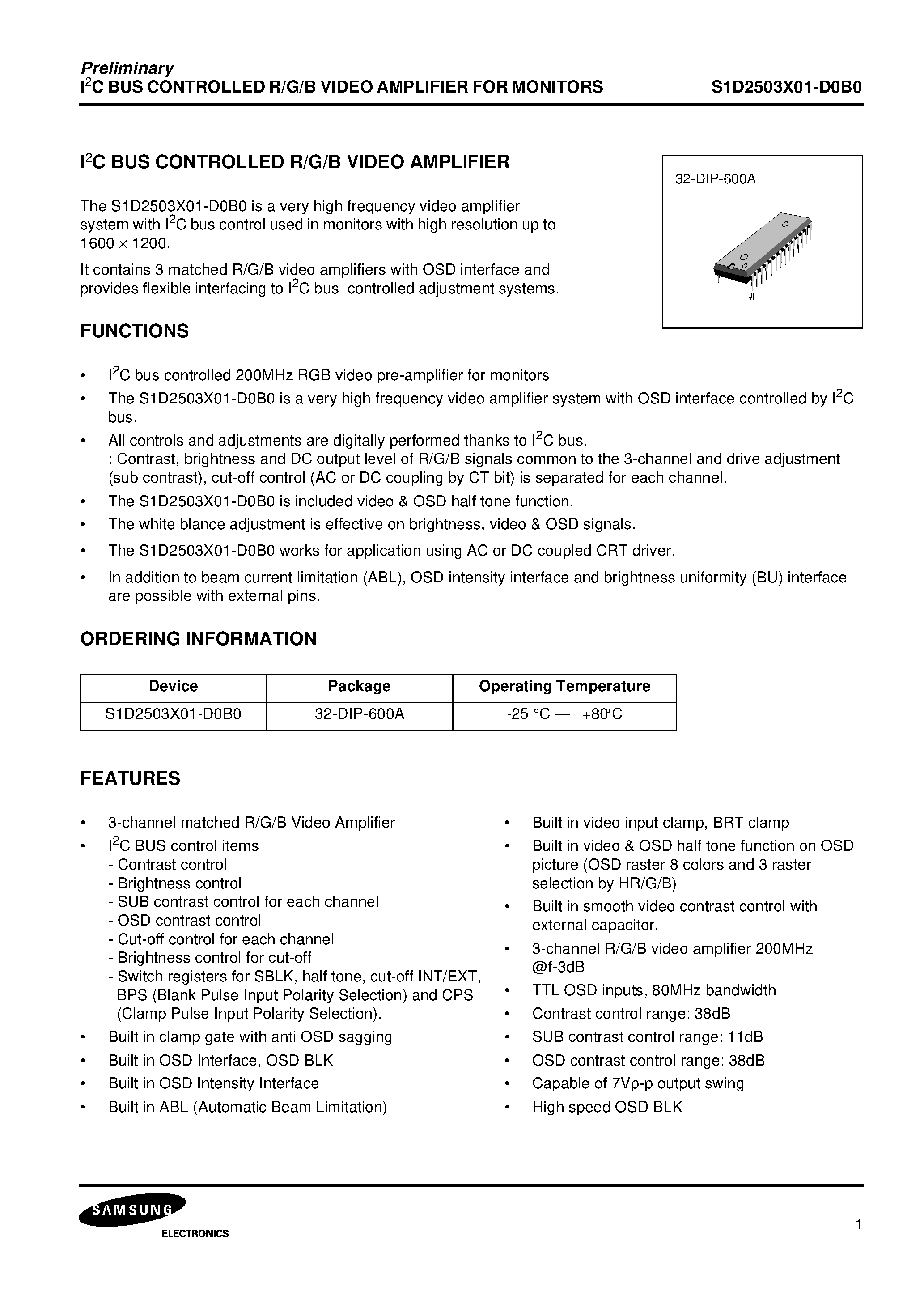 Datasheet S1D2503X01-D0B0 - I2C BUS CONTROLLED R/G/B VIDEO AMPLIFIER FOR MONITORS page 2