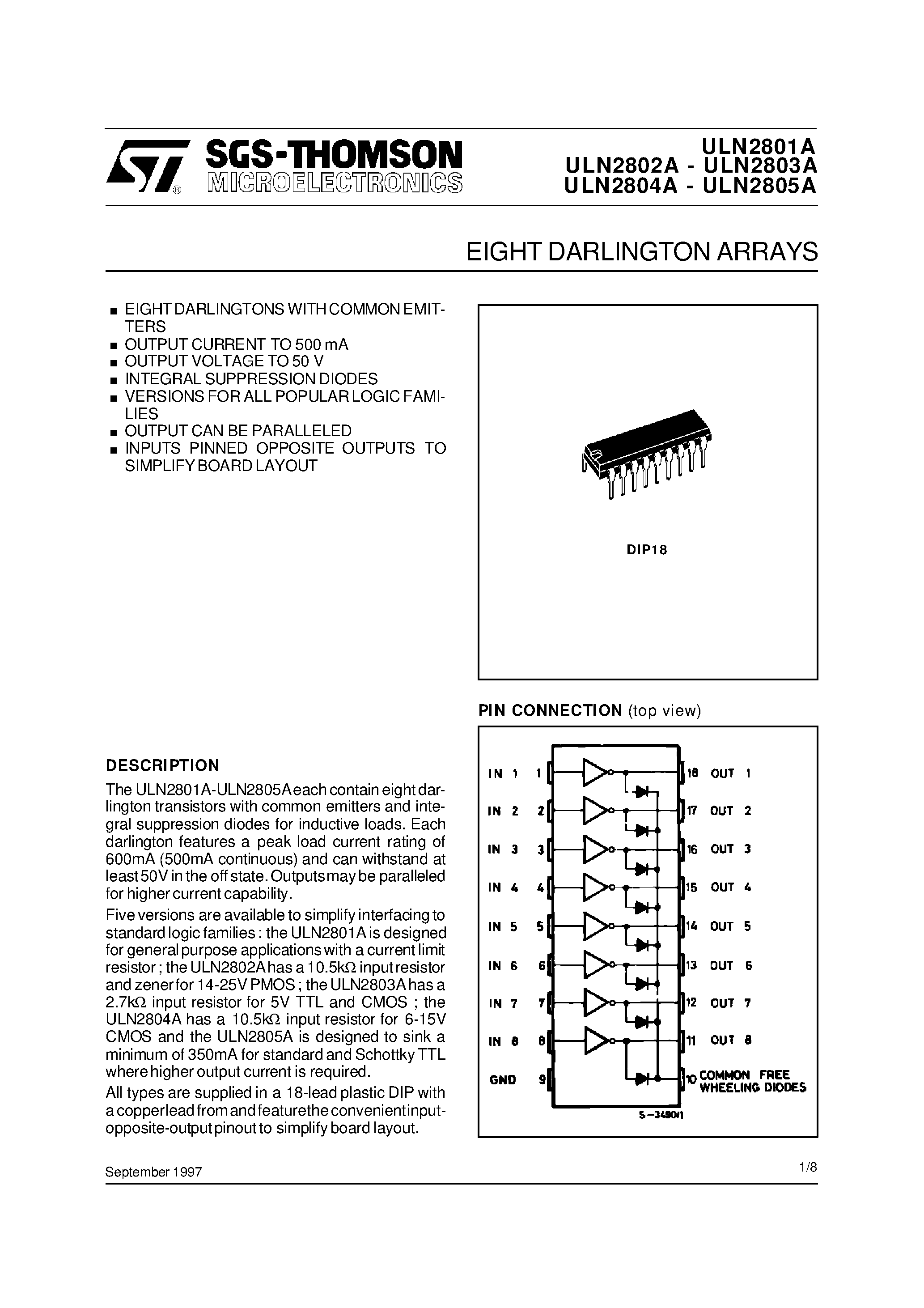 Datasheet ULN2801 - EIGHT DARLINGTON ARRAYS page 1