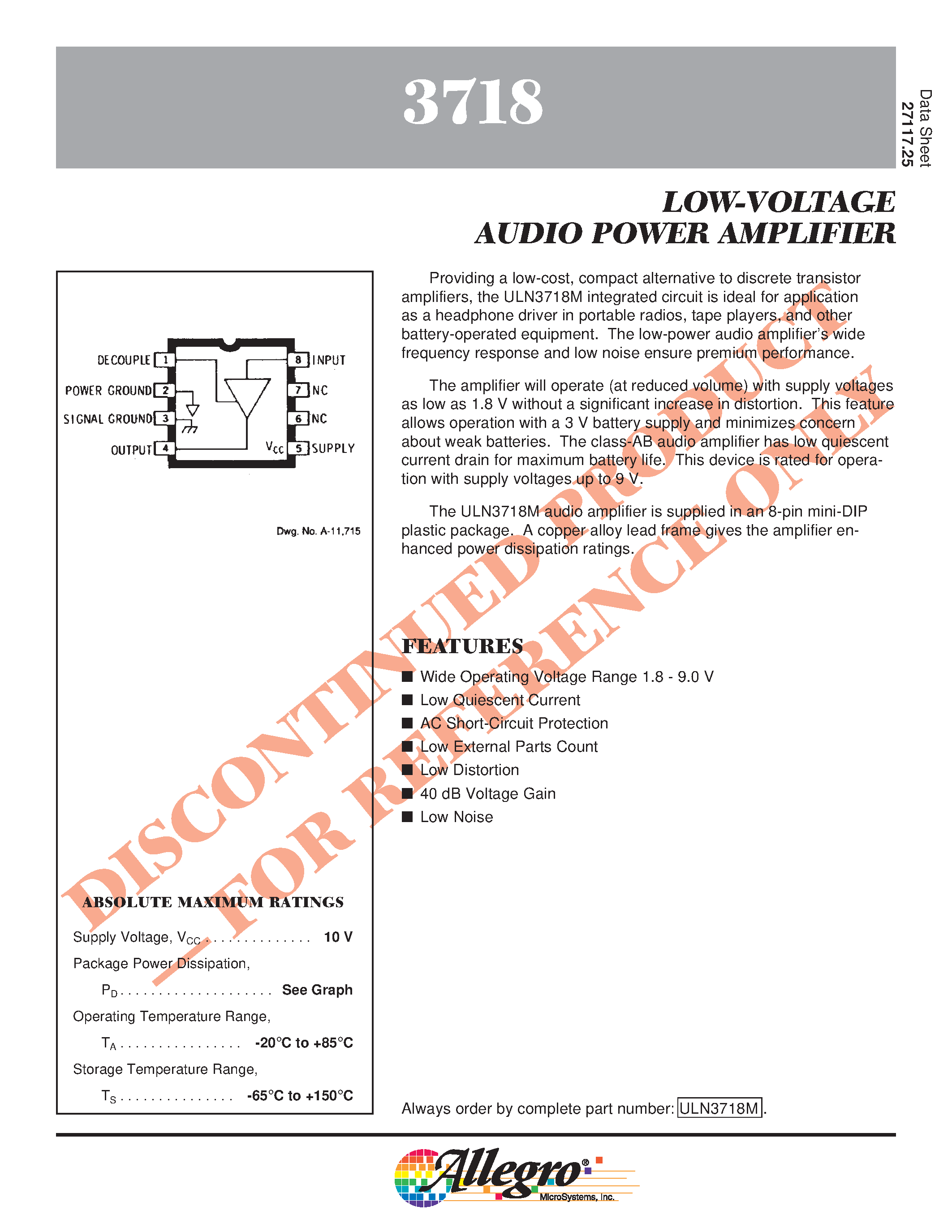 Datasheet ULN3718 - LOW-VOLTAGE AUDIO POWER AMPLIFIER page 1