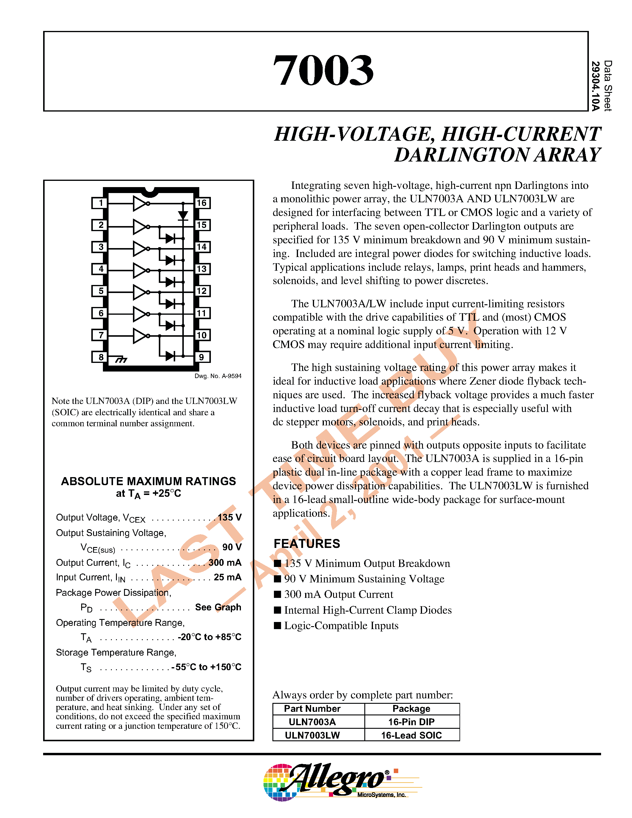 Datasheet ULN7003LW - HIGH-VOLTAGE/ HIGH-CURRENT DARLINGTON ARRAY page 1